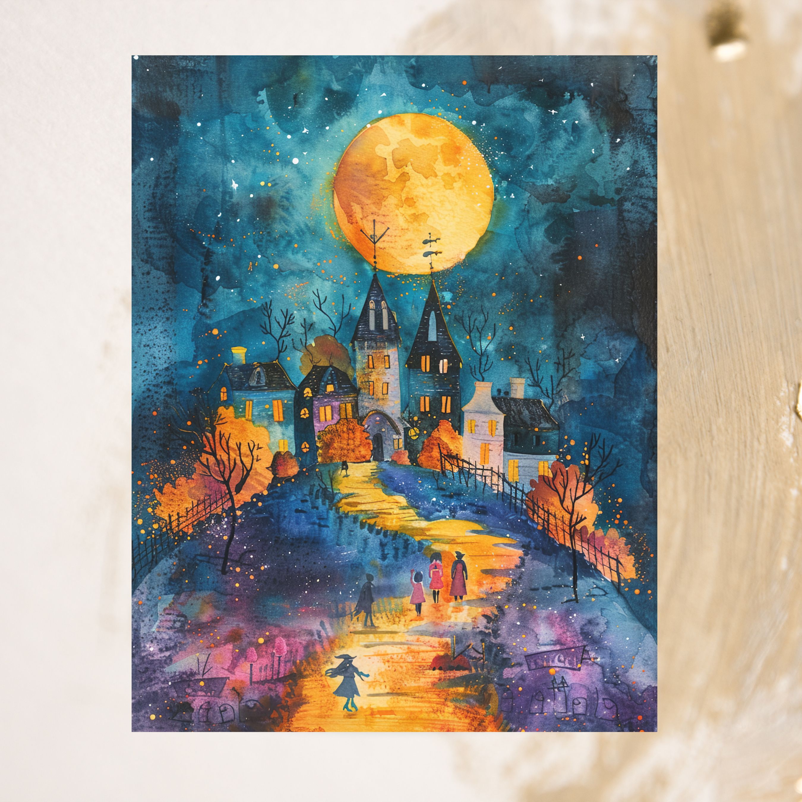 Moonlit Village Halloween, Whimsical Night Scene, Spooky Season, Note Card Greeting, Thank You, All Occasion, Birthday Card, Invitations