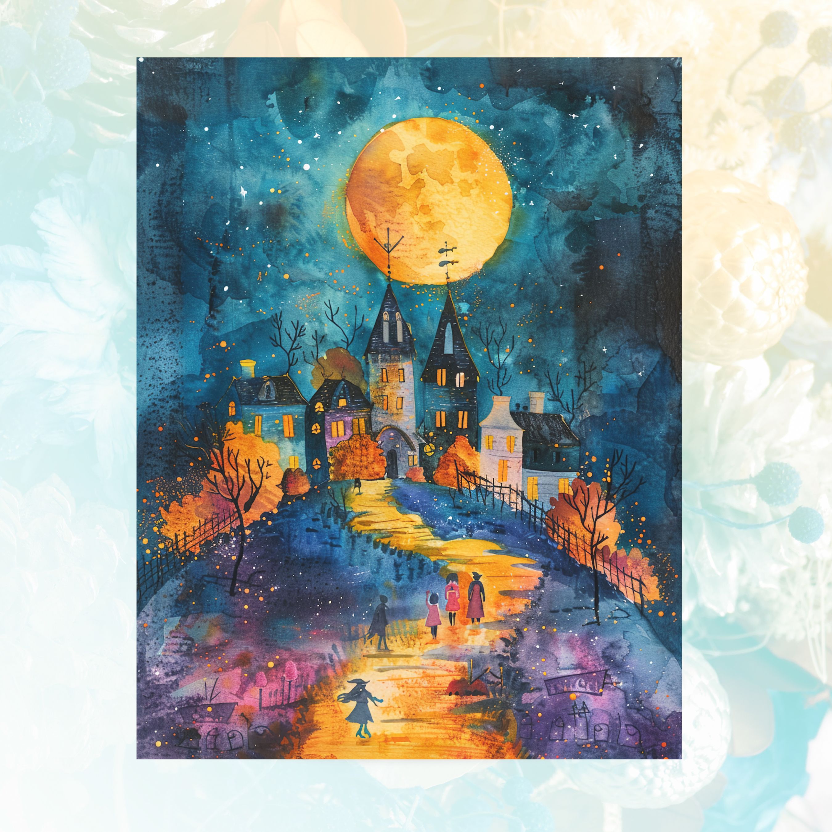 Moonlit Village Halloween, Whimsical Night Scene, Spooky Season, Note Card Greeting, Thank You, All Occasion, Birthday Card, Invitations