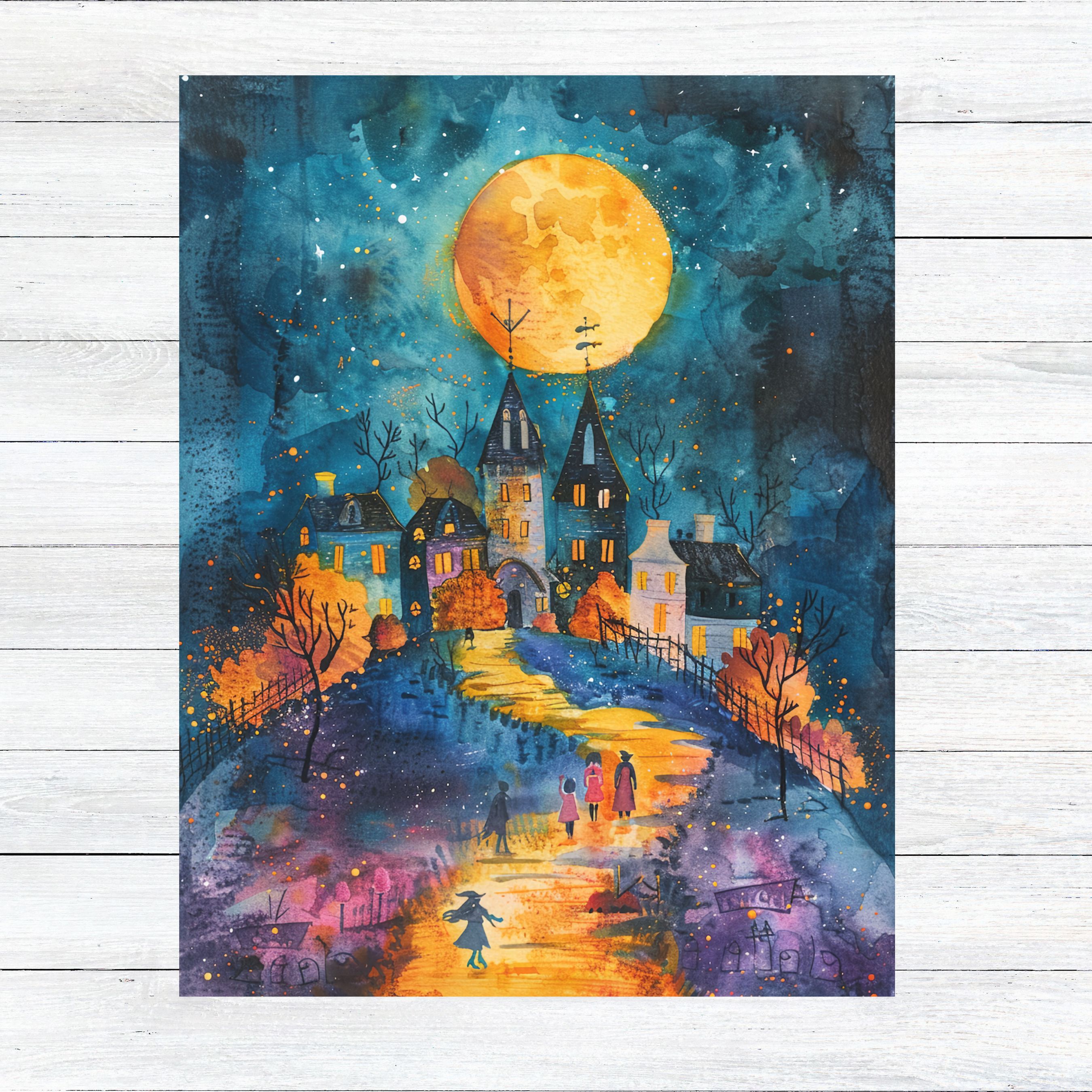 Moonlit Village Halloween, Whimsical Night Scene, Spooky Season, Note Card Greeting, Thank You, All Occasion, Birthday Card, Invitations