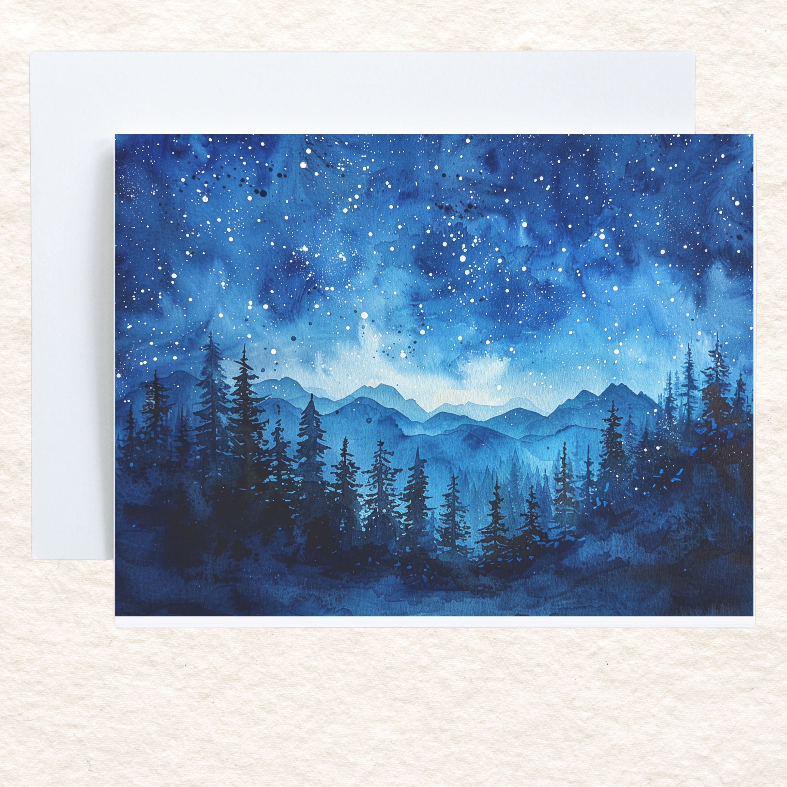 Starry Sky Over Mountain Range, Night Sky Watercolor, Note Card Greeting, Thank You, All Occasion, Birthday Card, Invitations