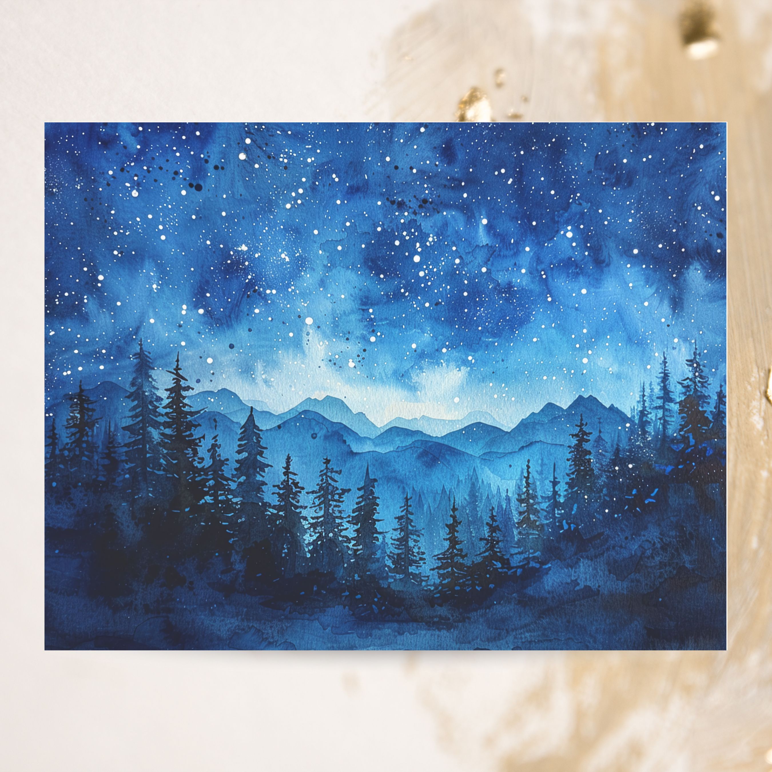 Starry Sky Over Mountain Range, Night Sky Watercolor, Note Card Greeting, Thank You, All Occasion, Birthday Card, Invitations