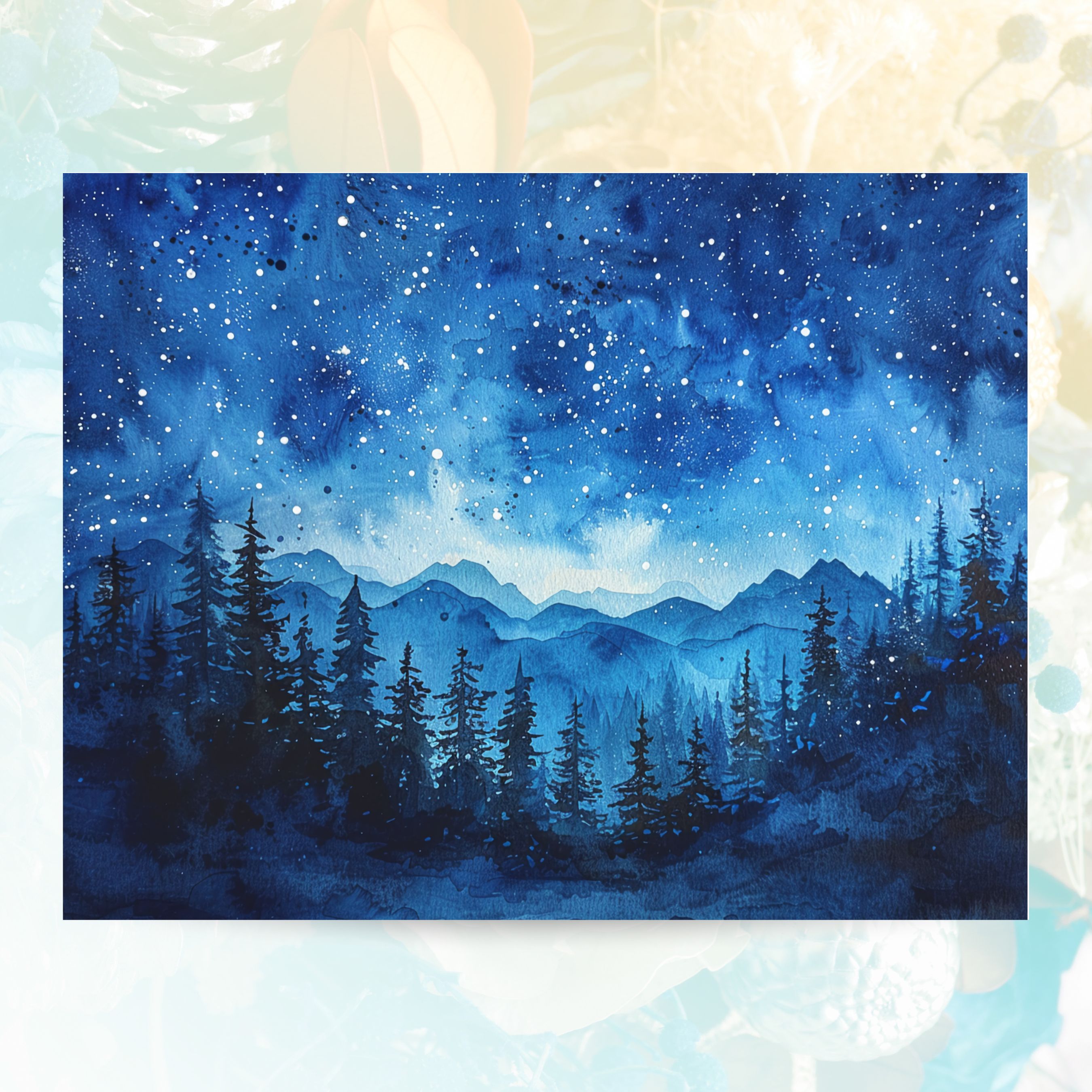 Starry Sky Over Mountain Range, Night Sky Watercolor, Note Card Greeting, Thank You, All Occasion, Birthday Card, Invitations