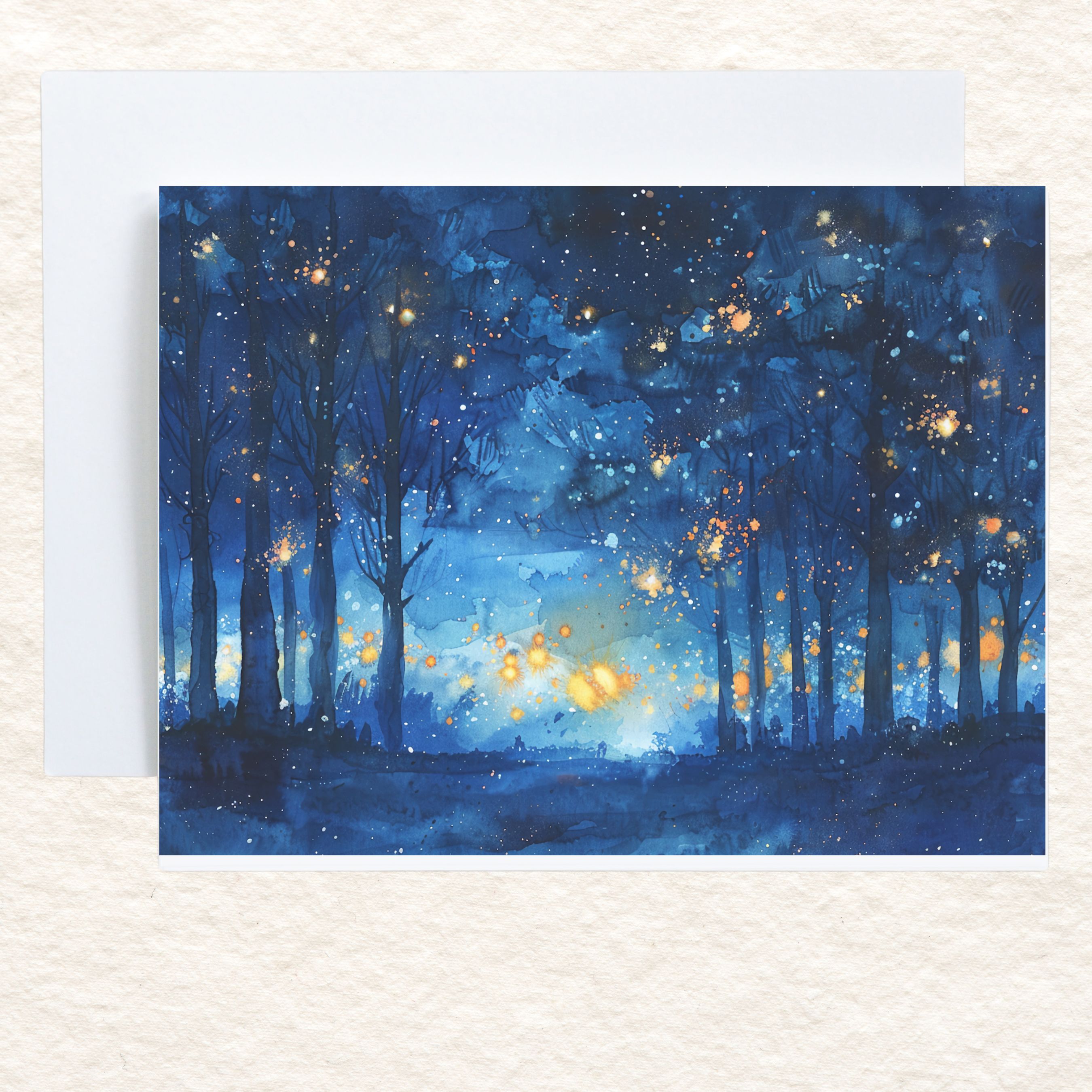 Enchanted Night Forest, Glowing Trees Watercolor, Note Card Greeting, Thank You, All Occasion, Birthday Card, Invitations