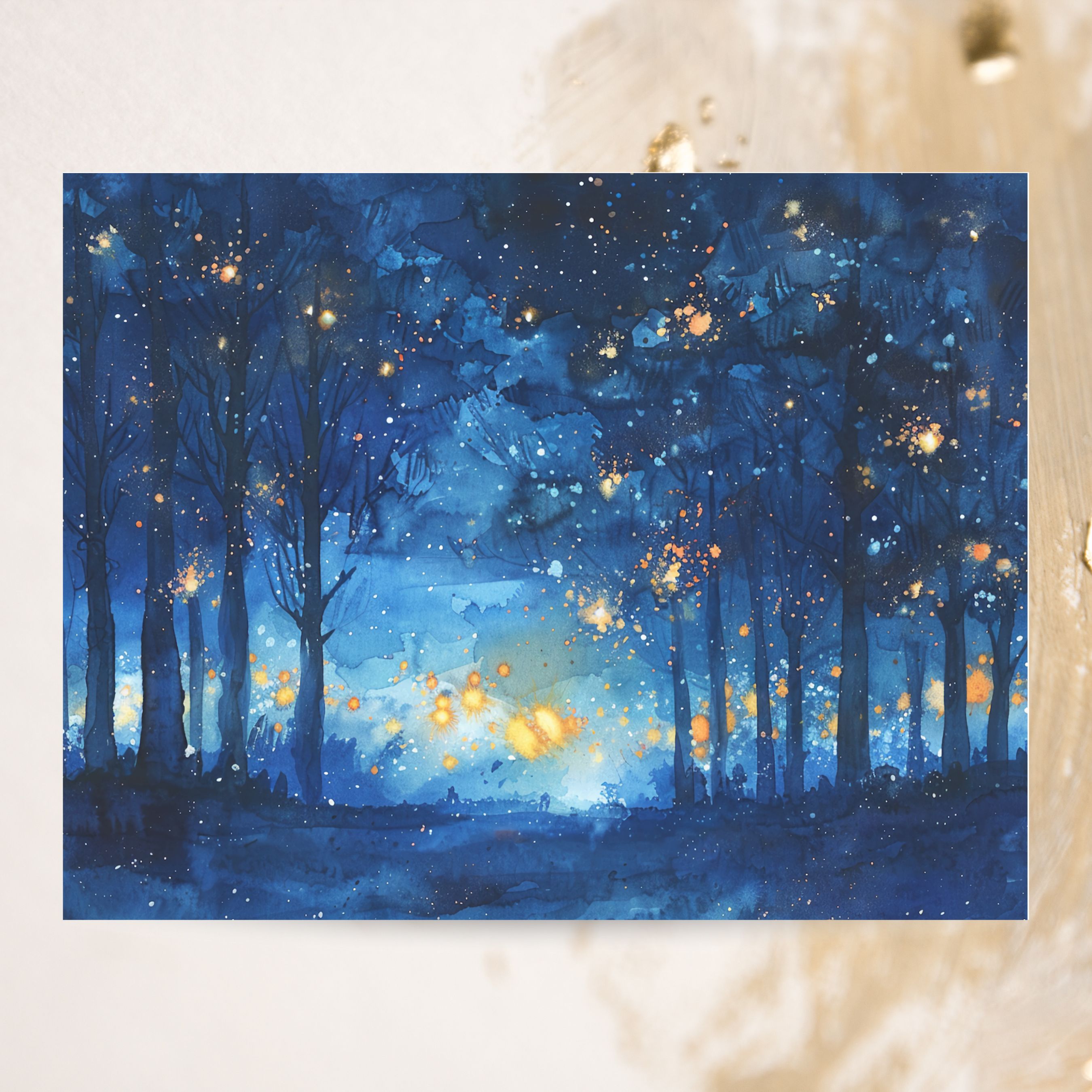 Enchanted Night Forest, Glowing Trees Watercolor, Note Card Greeting, Thank You, All Occasion, Birthday Card, Invitations