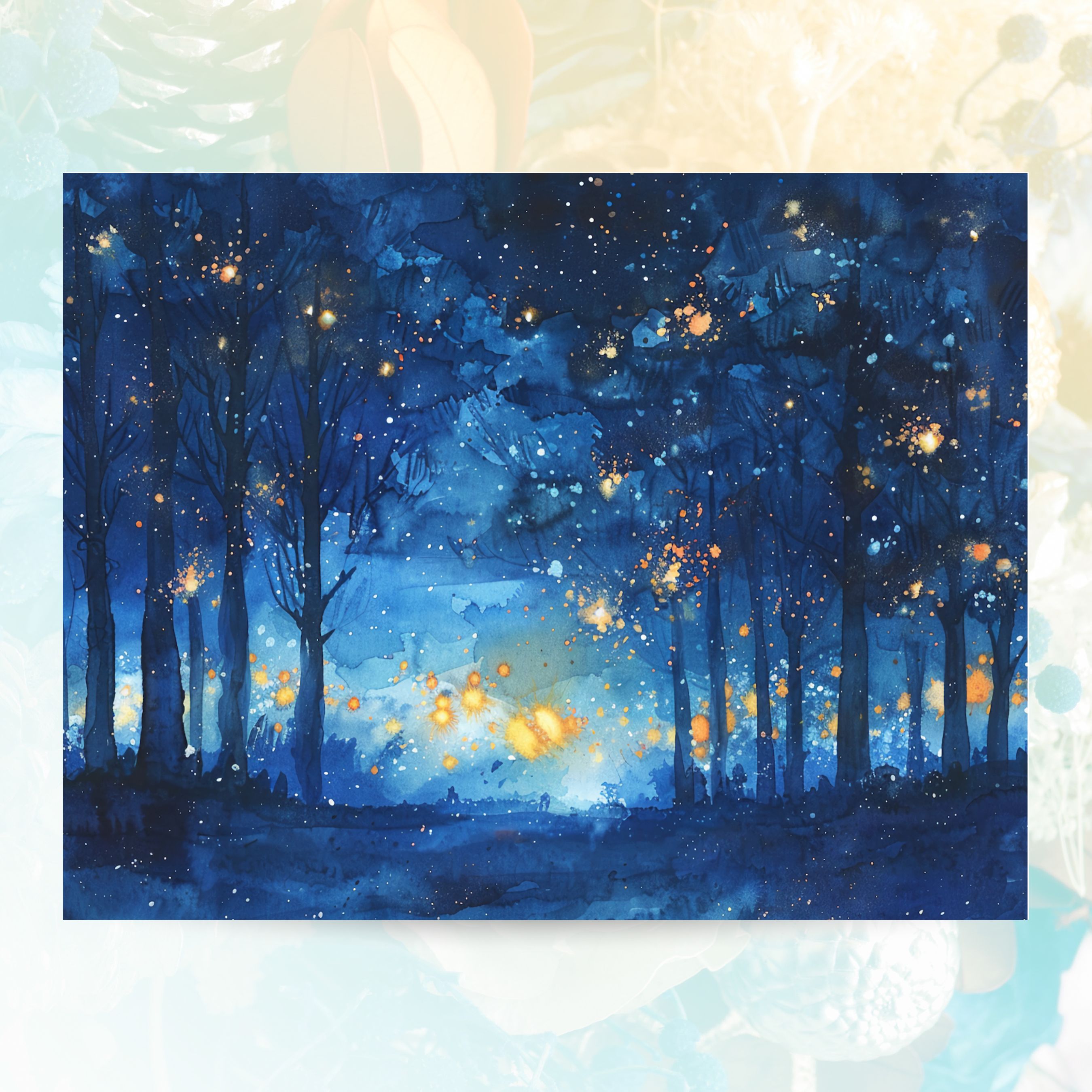 Enchanted Night Forest, Glowing Trees Watercolor, Note Card Greeting, Thank You, All Occasion, Birthday Card, Invitations