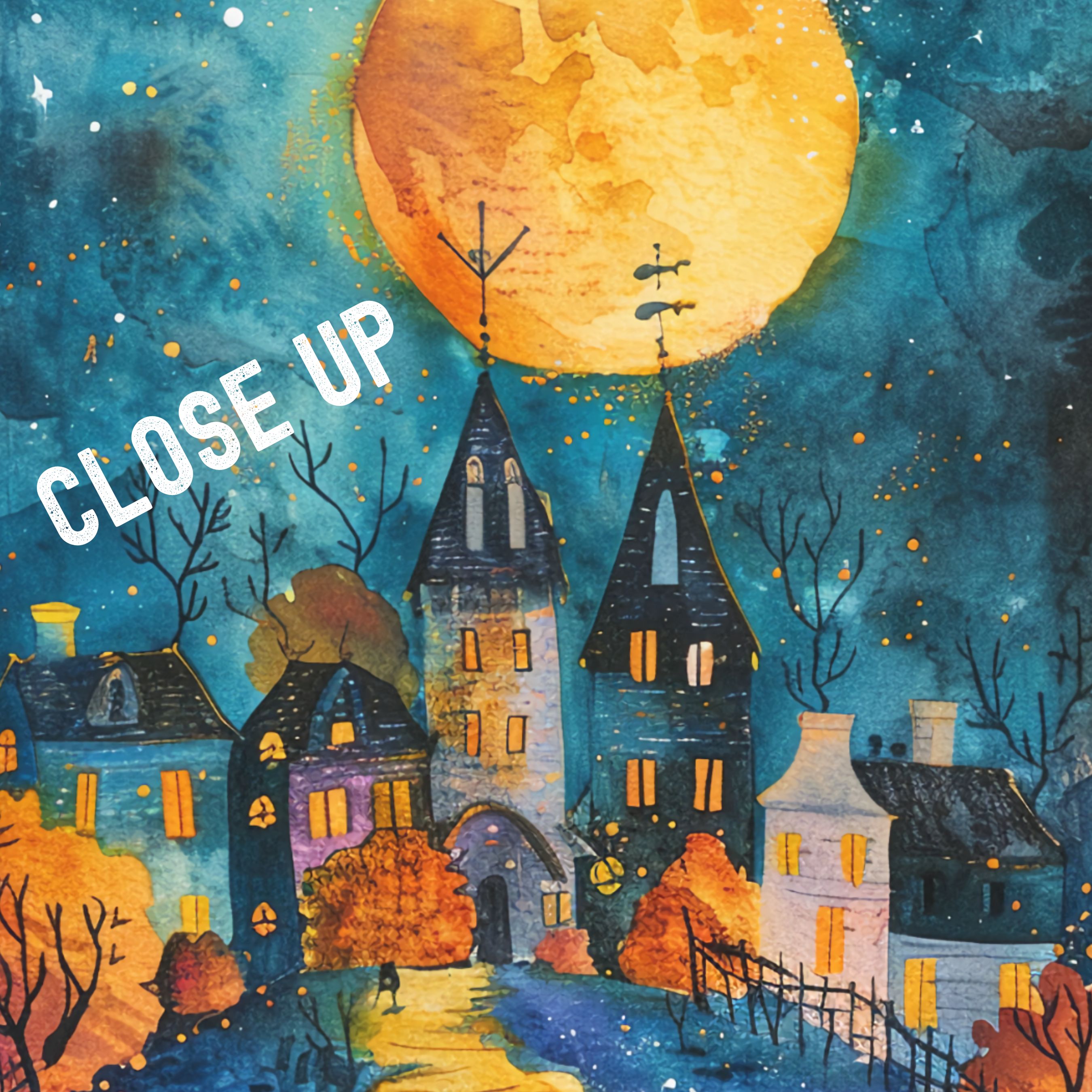 Moonlit Village Halloween, Whimsical Night Scene, Watercolor Art Print, Original Artwork Print