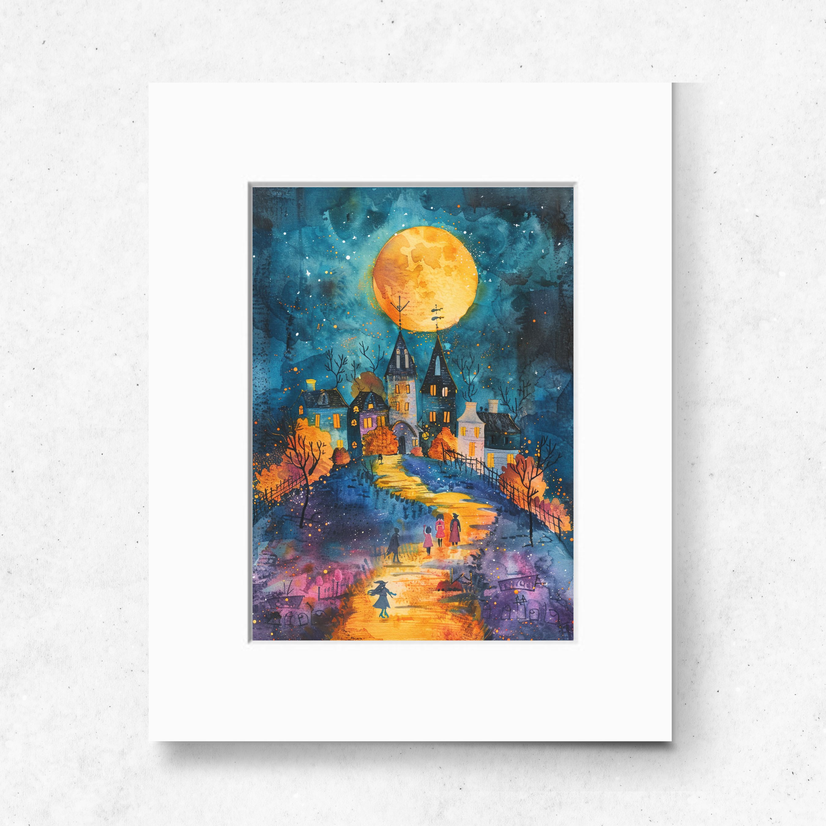Moonlit Village Halloween, Whimsical Night Scene, Watercolor Art Print, Original Artwork Print