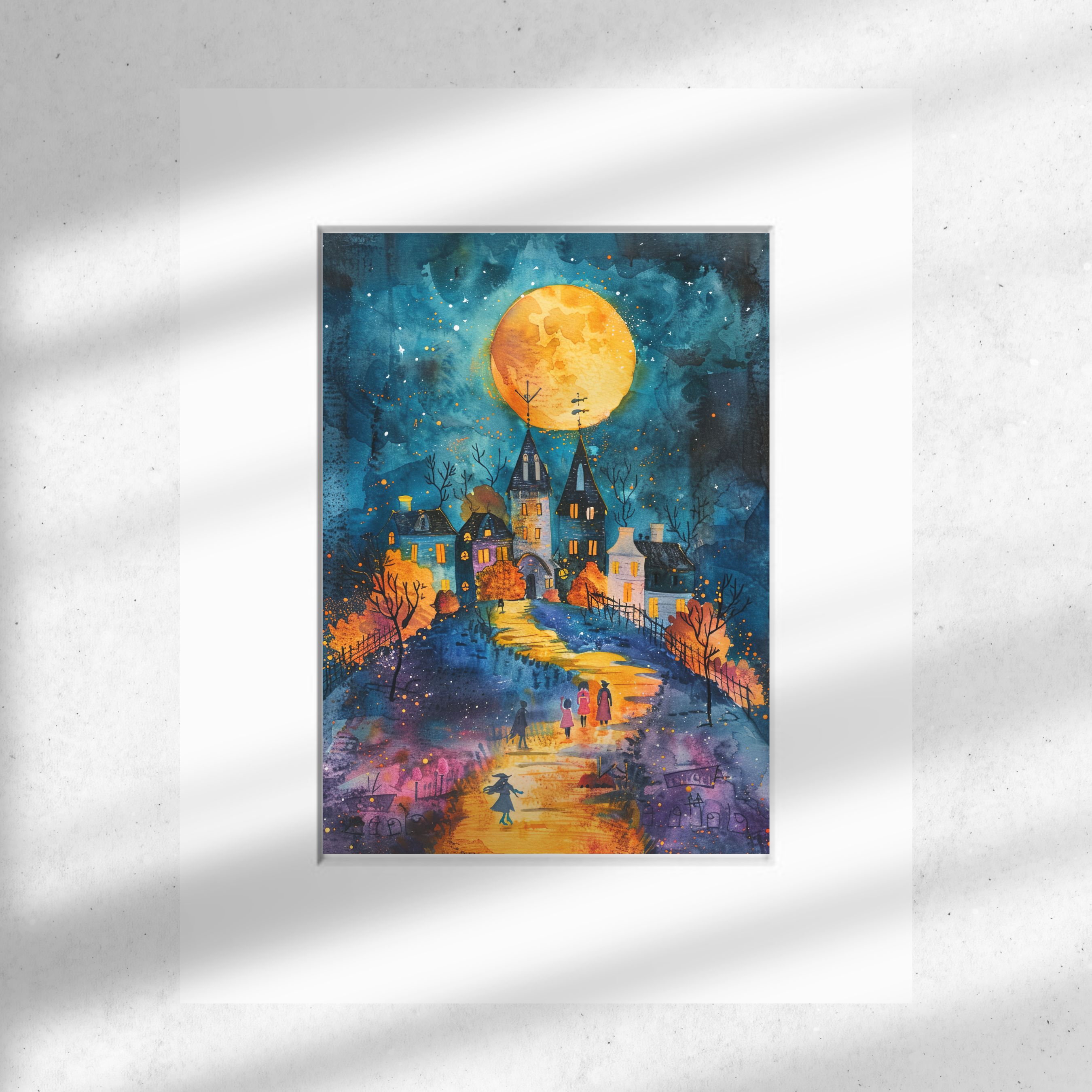 Moonlit Village Halloween, Whimsical Night Scene, Watercolor Art Print, Original Artwork Print