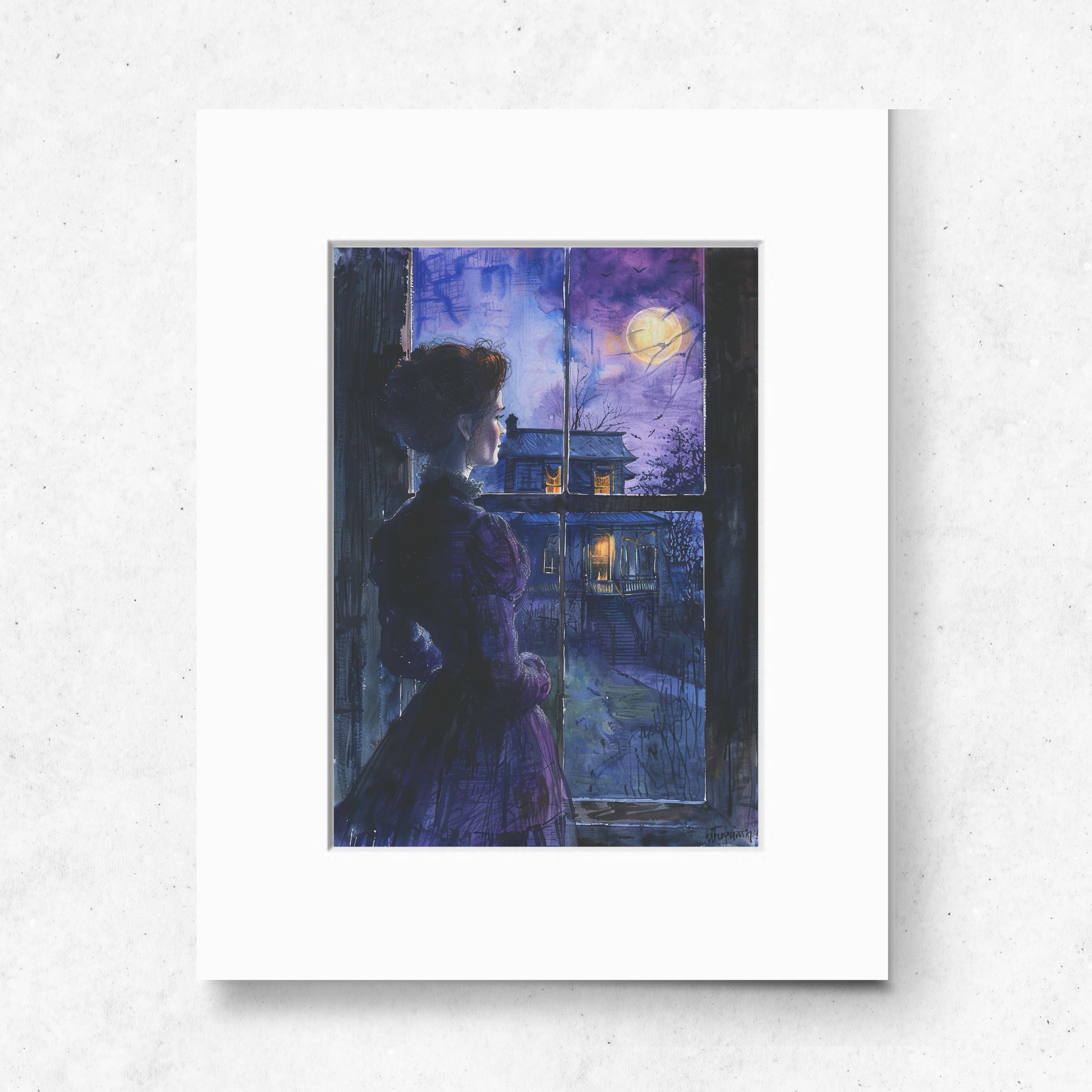 Gothic Victorian Mystery, Moonlit Haunt, Eerie Night Scene, Watercolor Art Print, Original Artwork Print