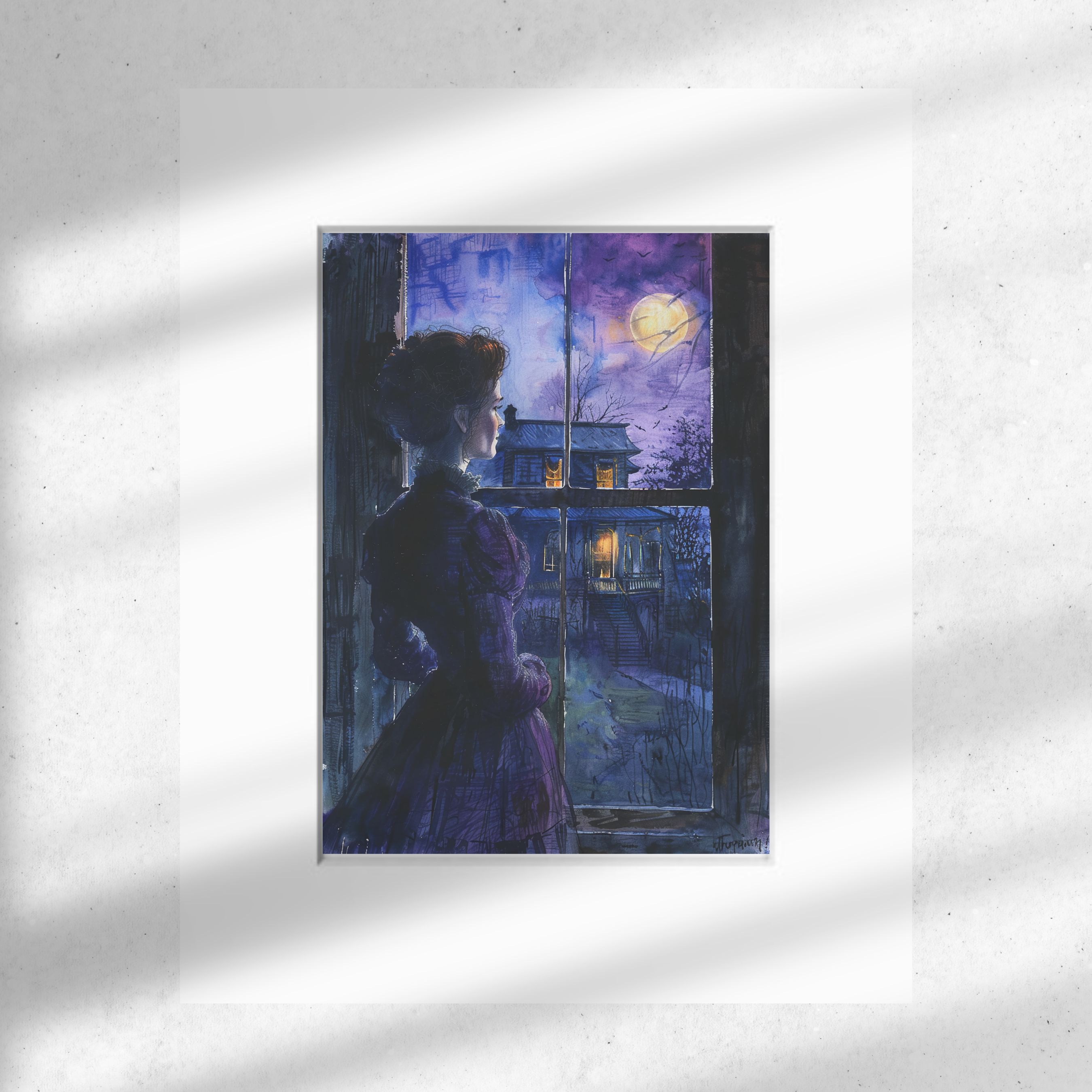 Gothic Victorian Mystery, Moonlit Haunt, Eerie Night Scene, Watercolor Art Print, Original Artwork Print