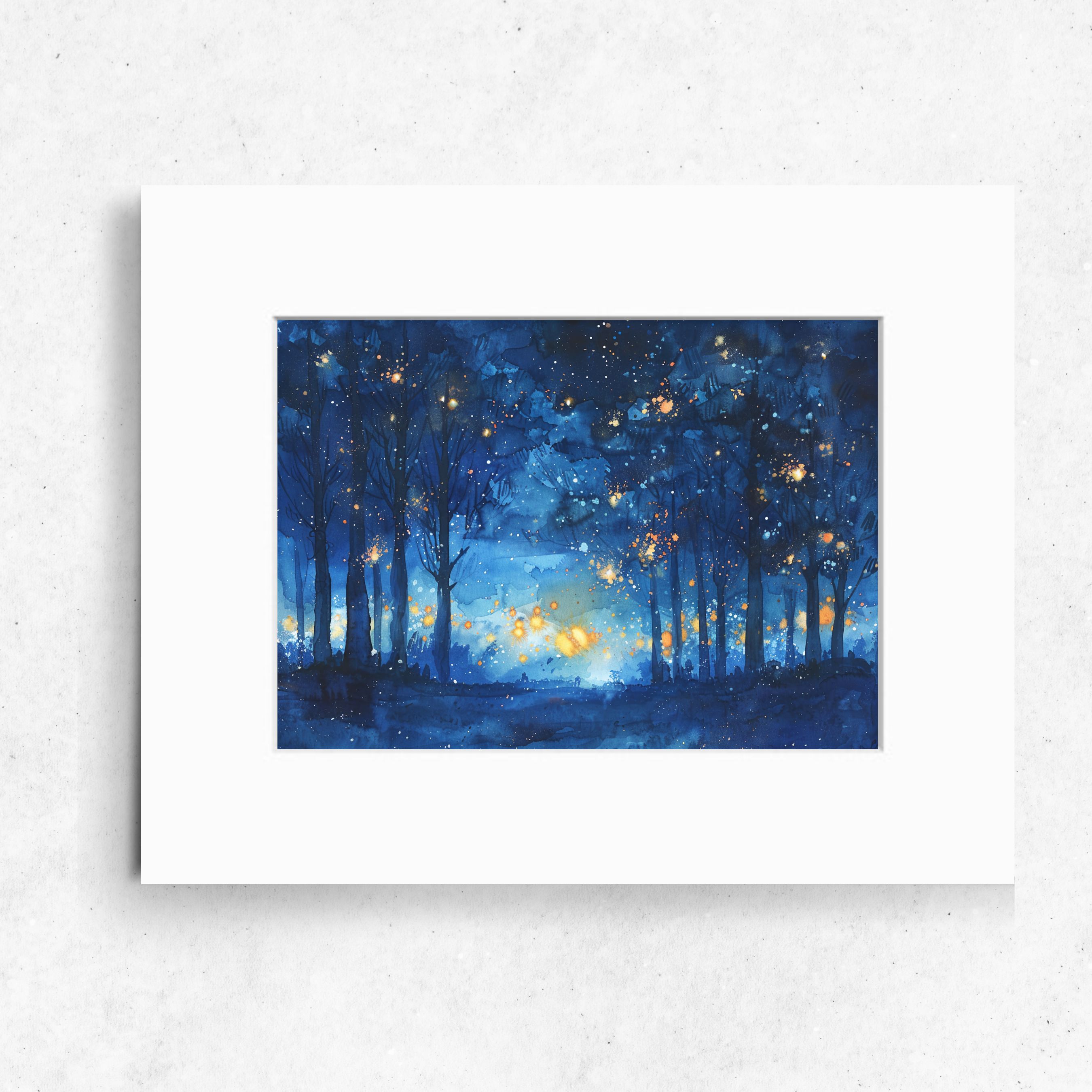 Enchanted Night Forest, Glowing Trees, Watercolor Landscape, Original Art
