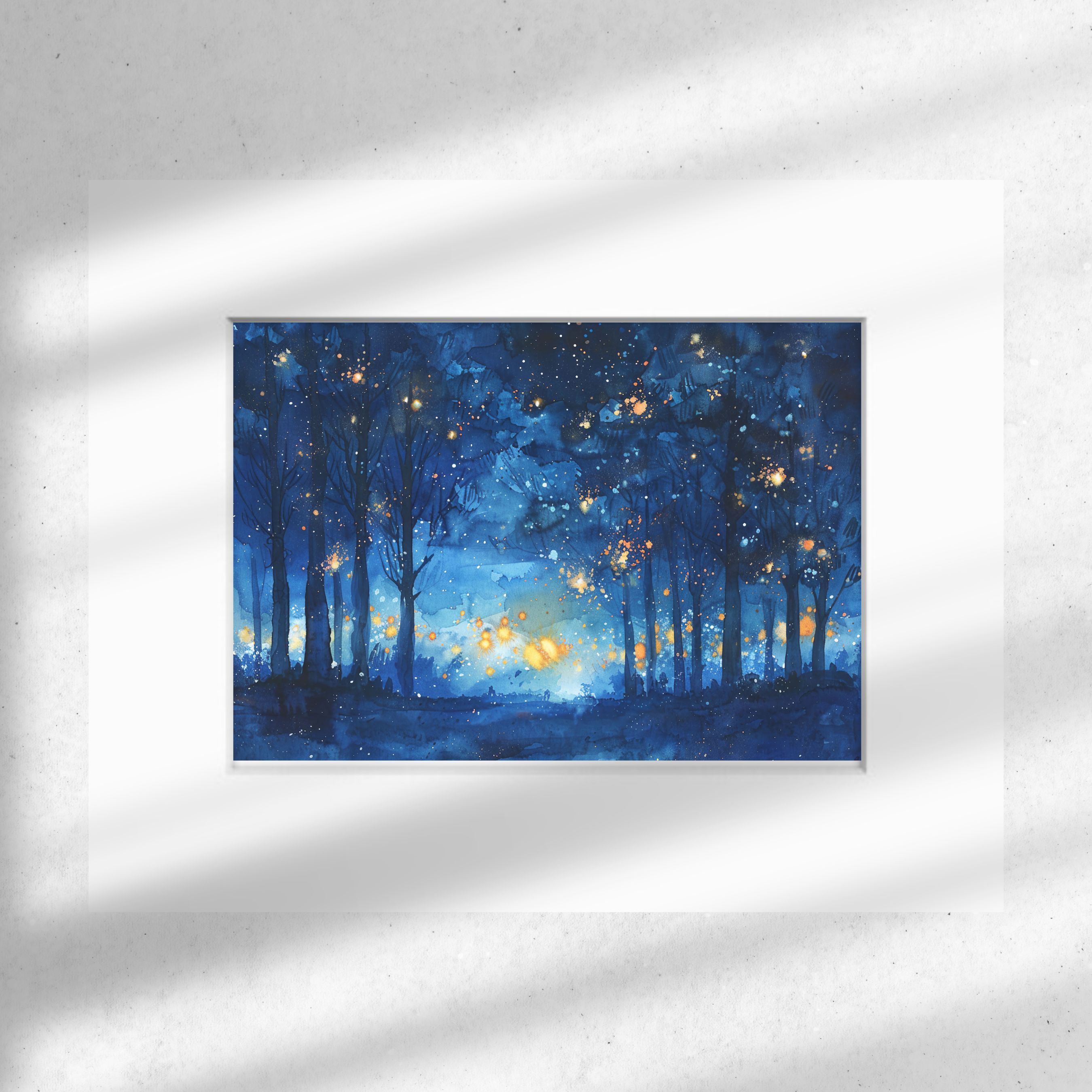 Enchanted Night Forest, Glowing Trees, Watercolor Landscape, Original Art