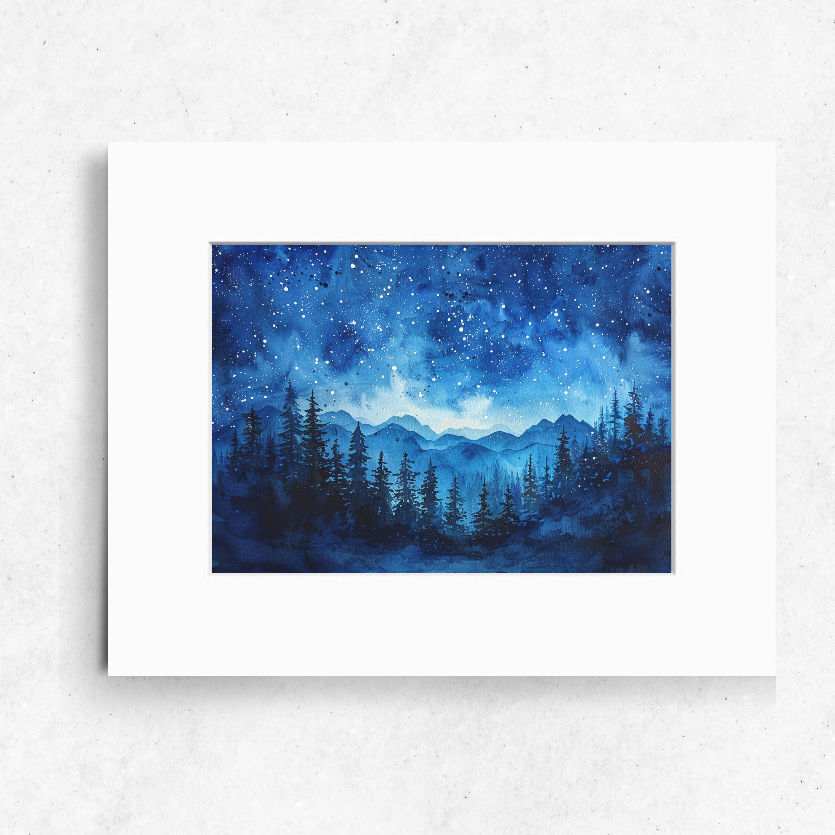Starry Sky Over Mountains, Watercolor Night Scene, Watercolor Landscape, Original Art