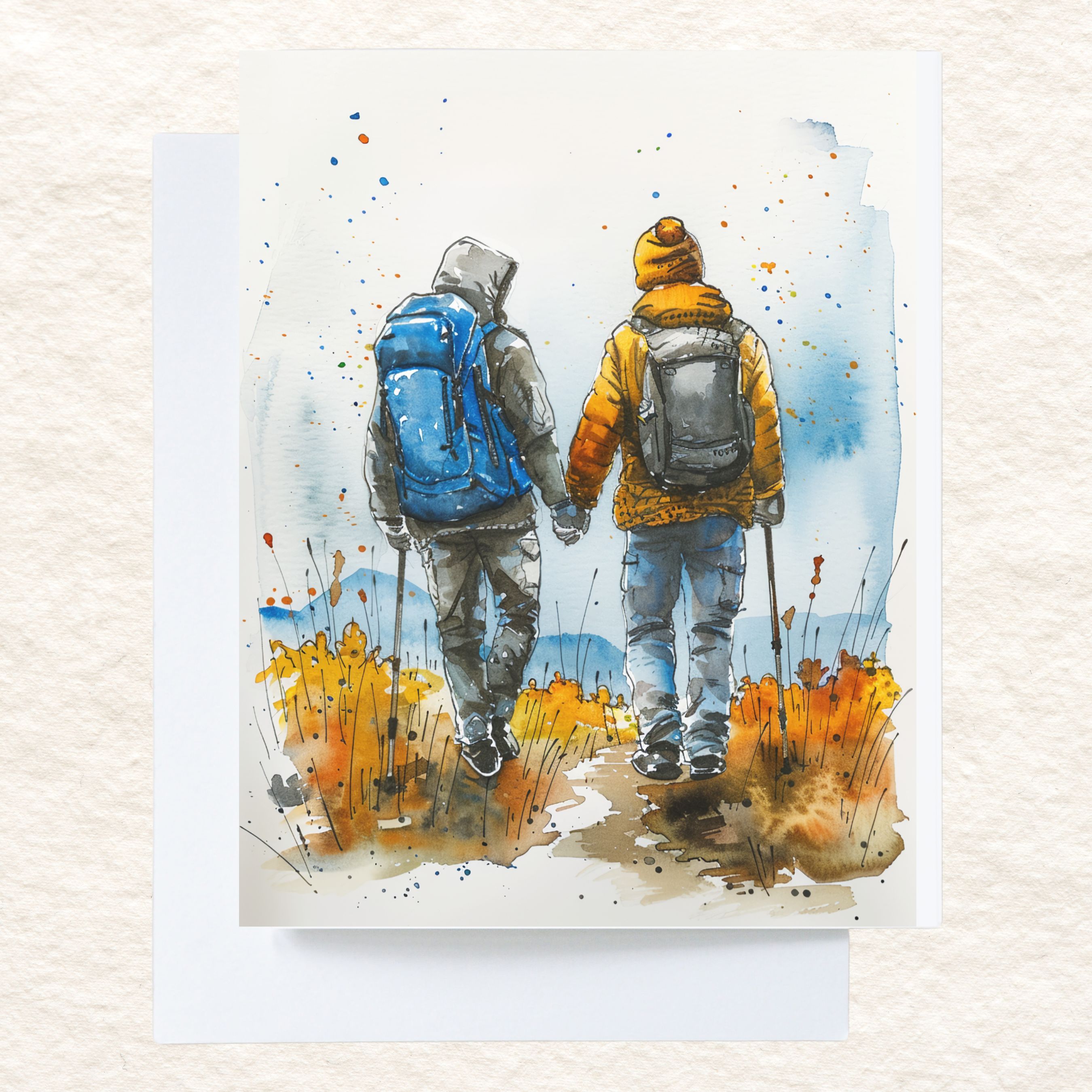 Hand in Hand Journey Romantic Trek in Golden Meadows, Watercolor Card, Note, Thank You, Birthday Card, Invitations, Anniversary