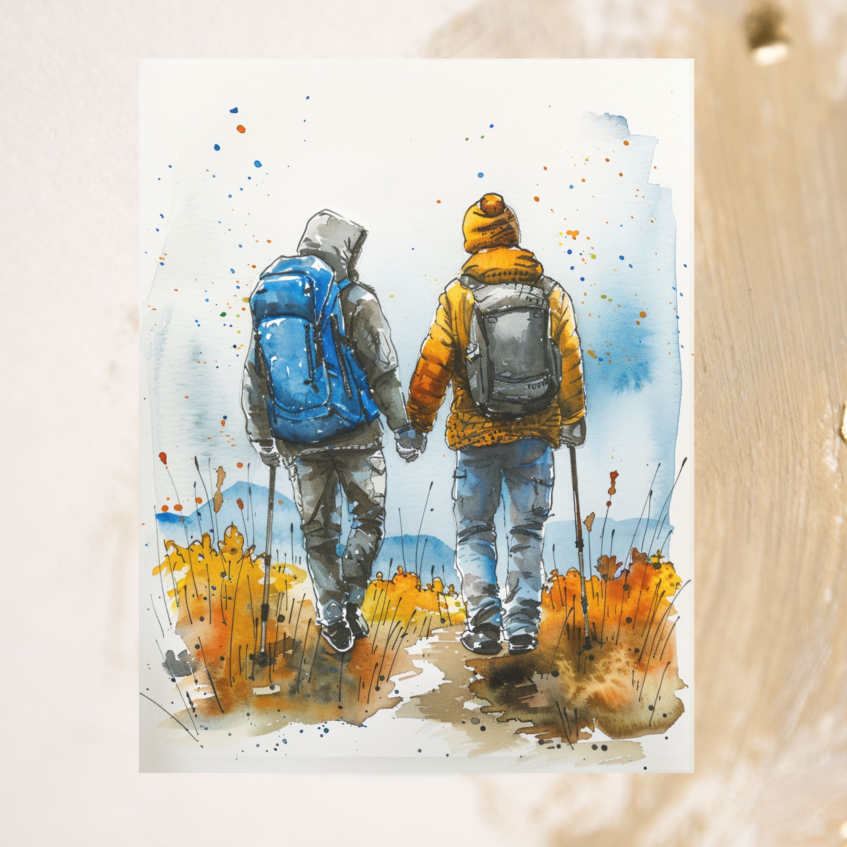 Hand in Hand Journey Romantic Trek in Golden Meadows, Watercolor Card, Note, Thank You, Birthday Card, Invitations, Anniversary