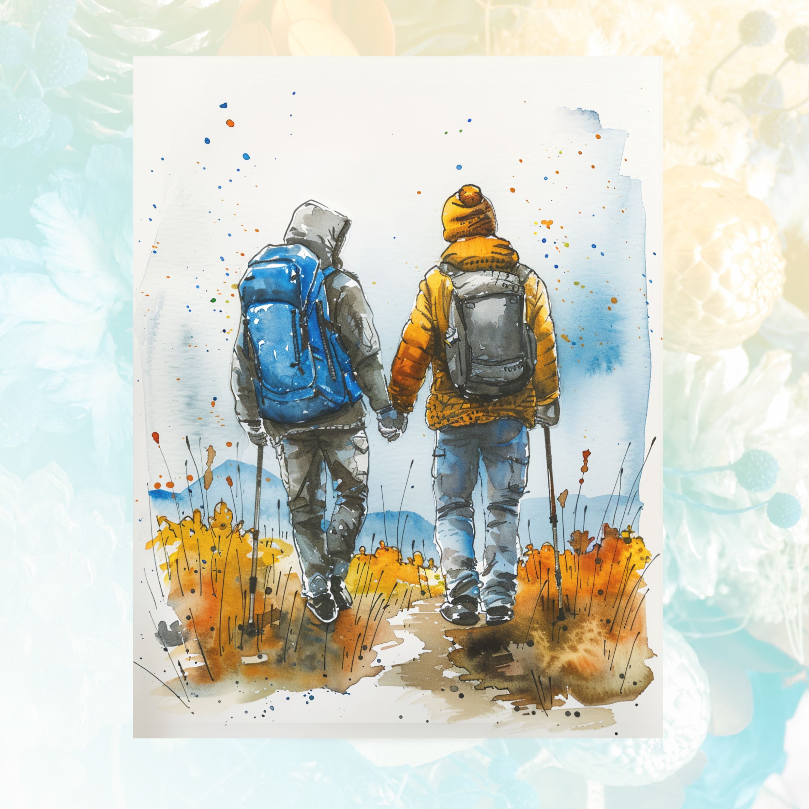 Hand in Hand Journey Romantic Trek in Golden Meadows, Watercolor Card, Note, Thank You, Birthday Card, Invitations, Anniversary