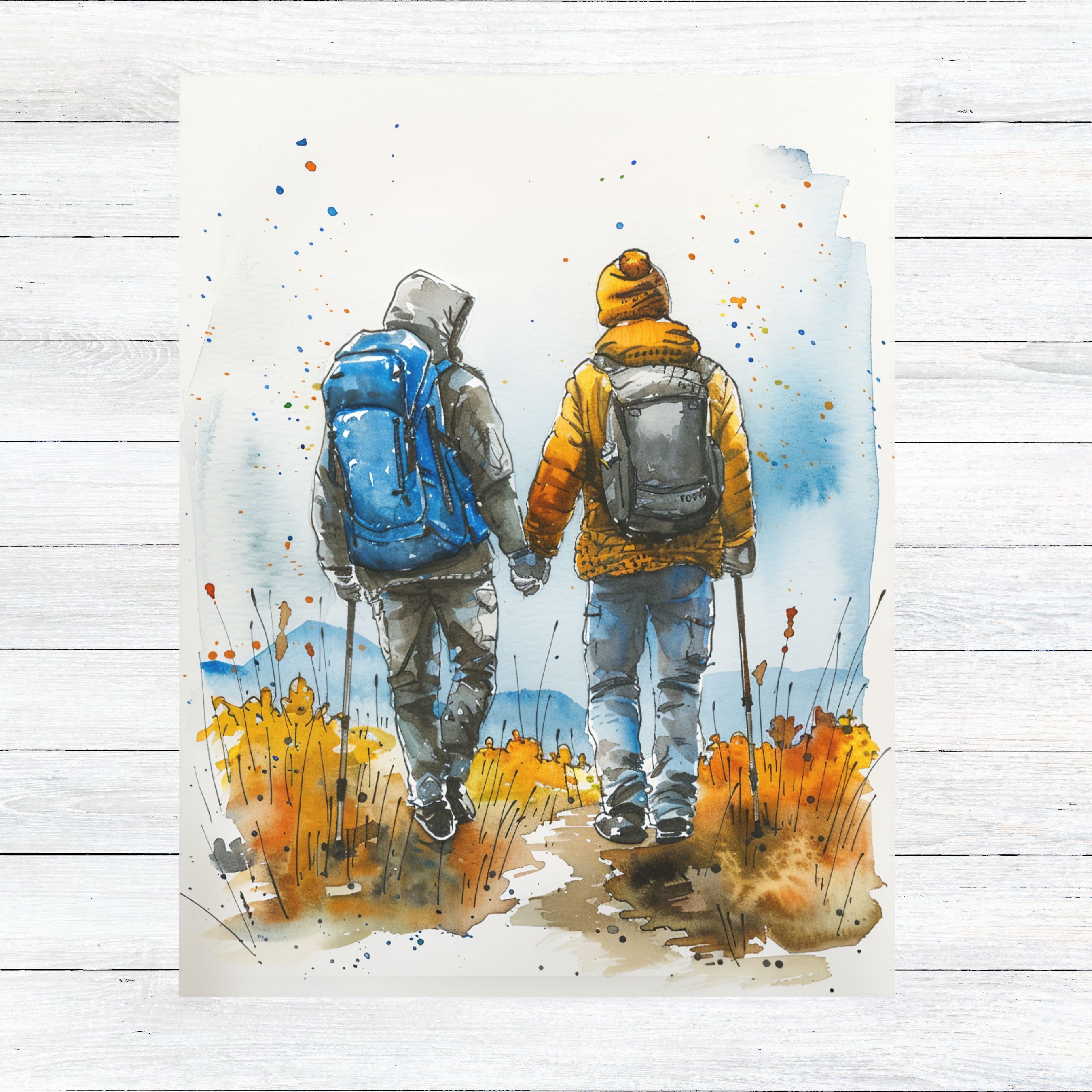 Hand in Hand Journey Romantic Trek in Golden Meadows, Watercolor Card, Note, Thank You, Birthday Card, Invitations, Anniversary