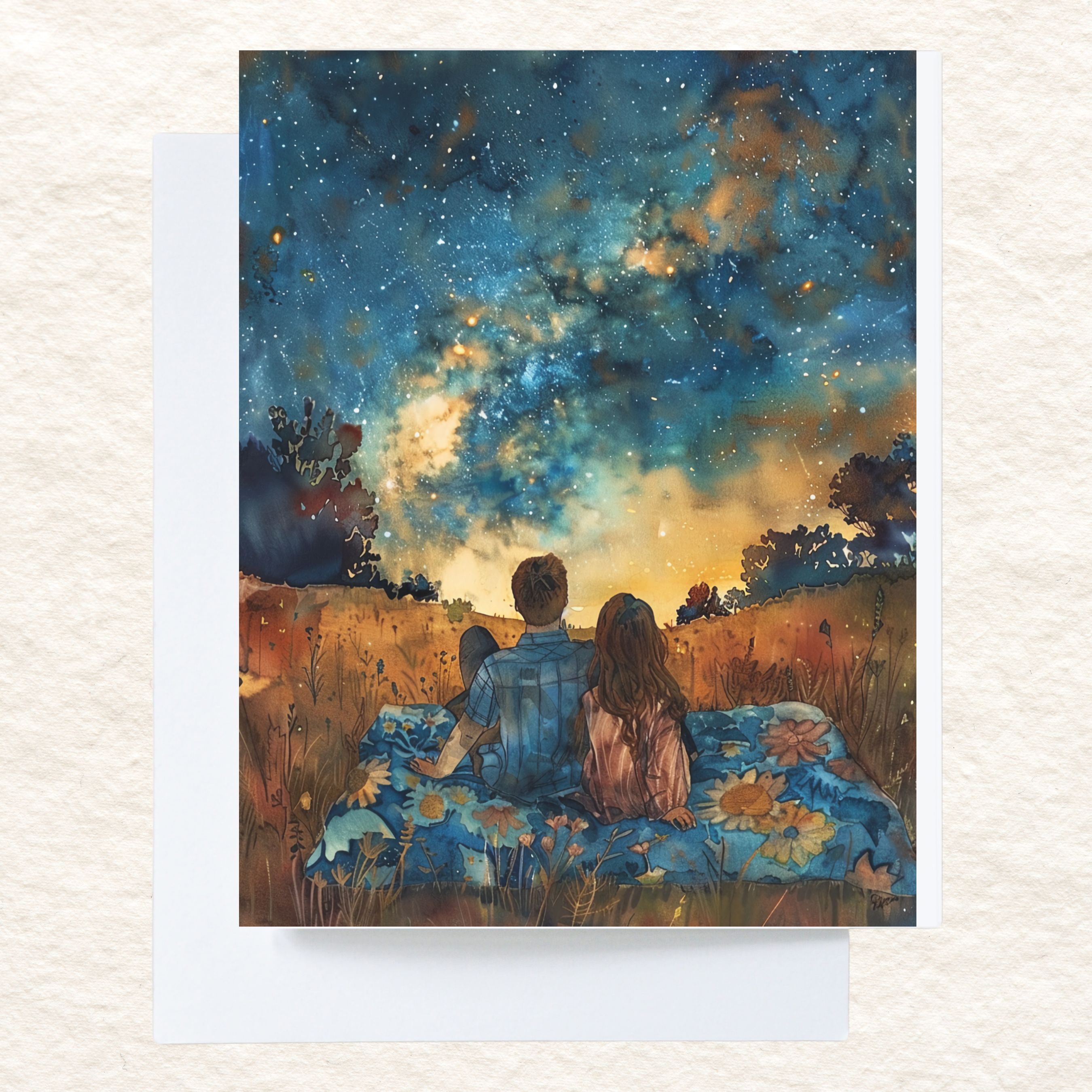 Starry Skies Romantic Stargazing, Watercolor Card, Note, Thank You, Birthday Card, Invitations, Anniversary