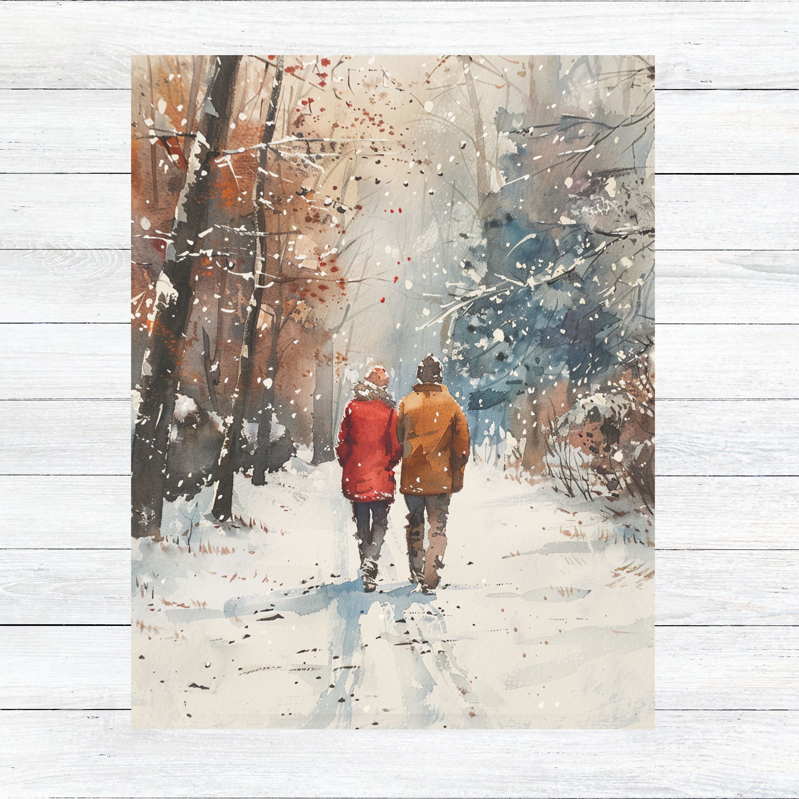 Winter Whispers Romantic Snow Walk, Watercolor Card, Note, Thank You, Birthday Card, Invitations, Anniversary