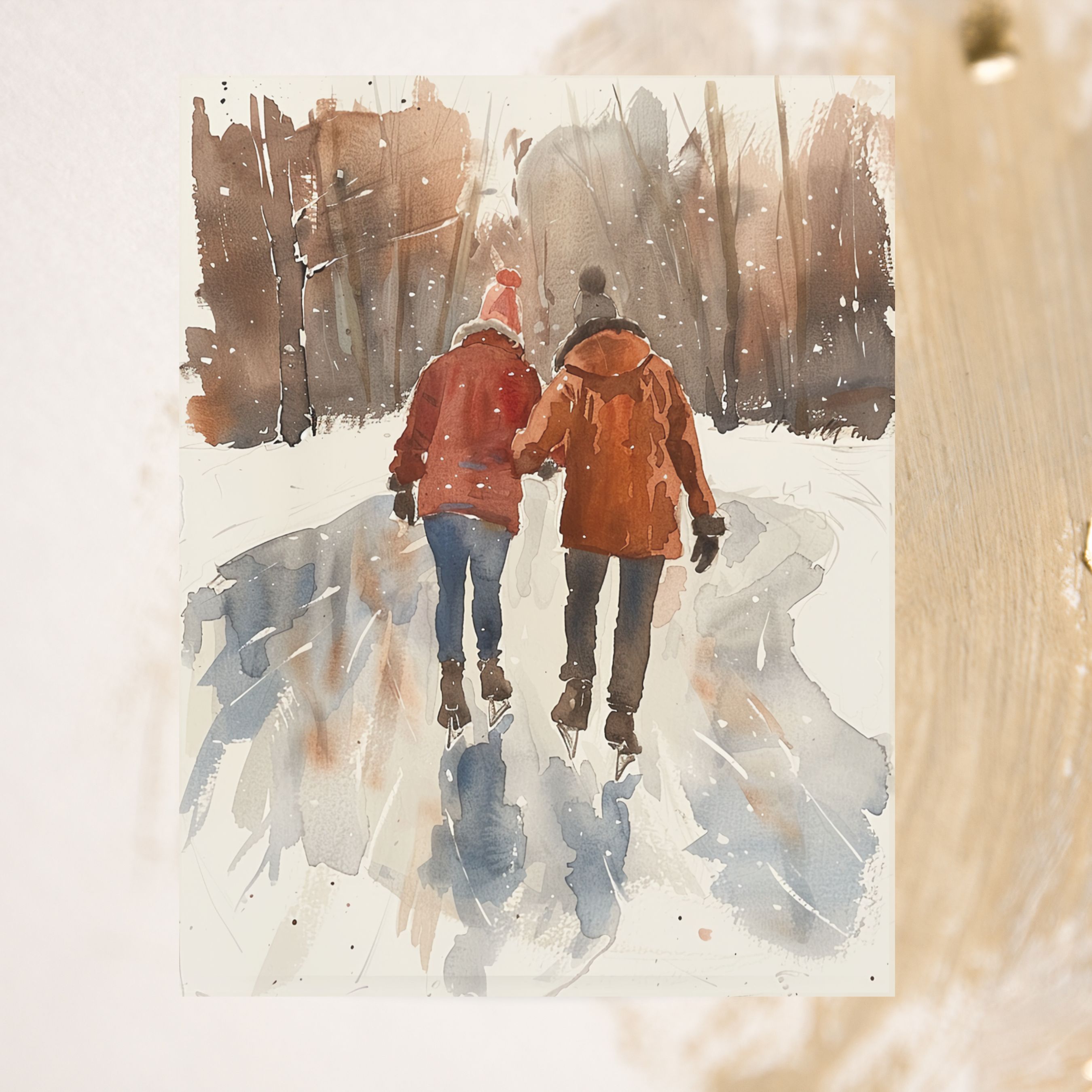 Glacial Dance Romantic Ice Skating, Watercolor Card, Note, Thank You, Birthday Card, Invitations, Anniversary