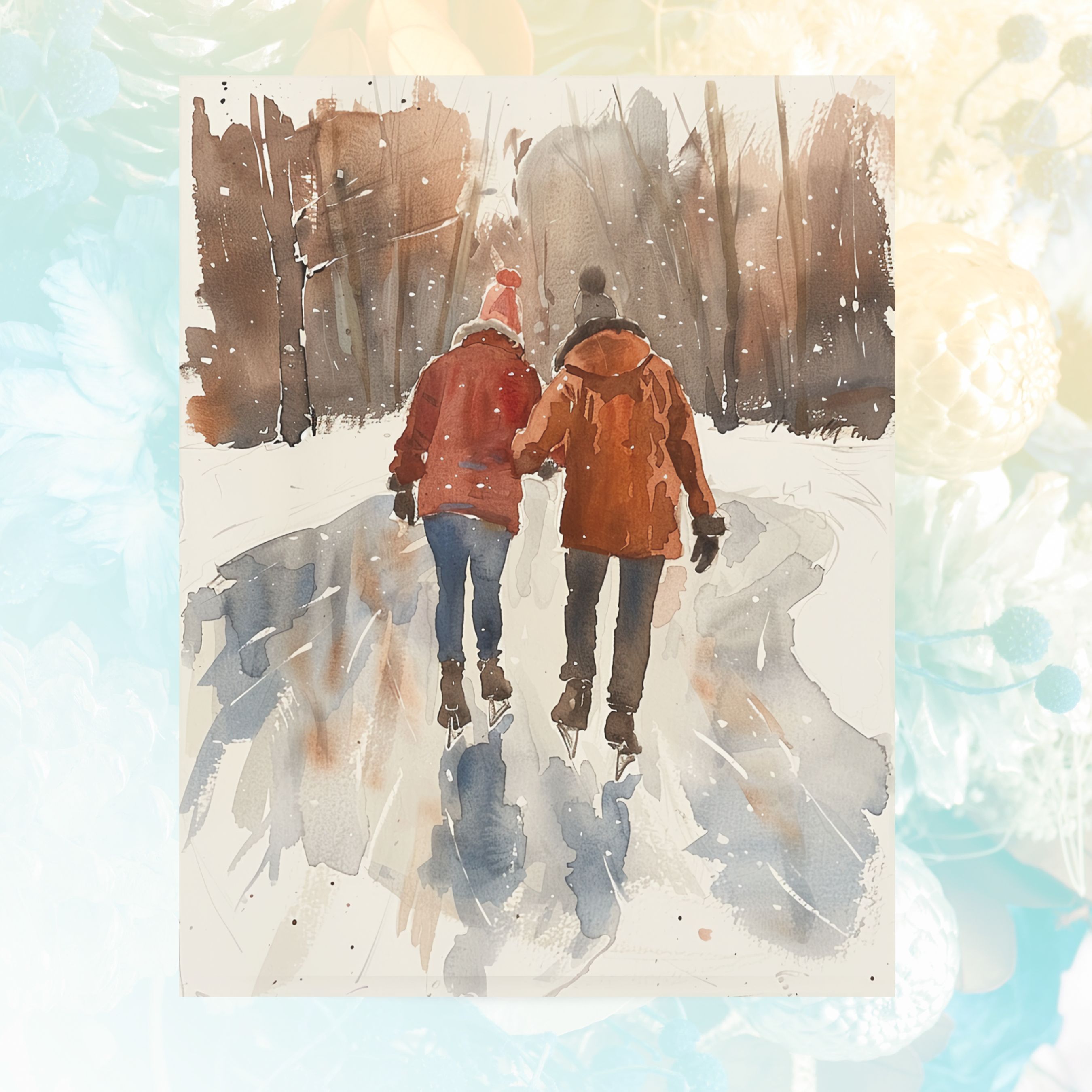 Glacial Dance Romantic Ice Skating, Watercolor Card, Note, Thank You, Birthday Card, Invitations, Anniversary