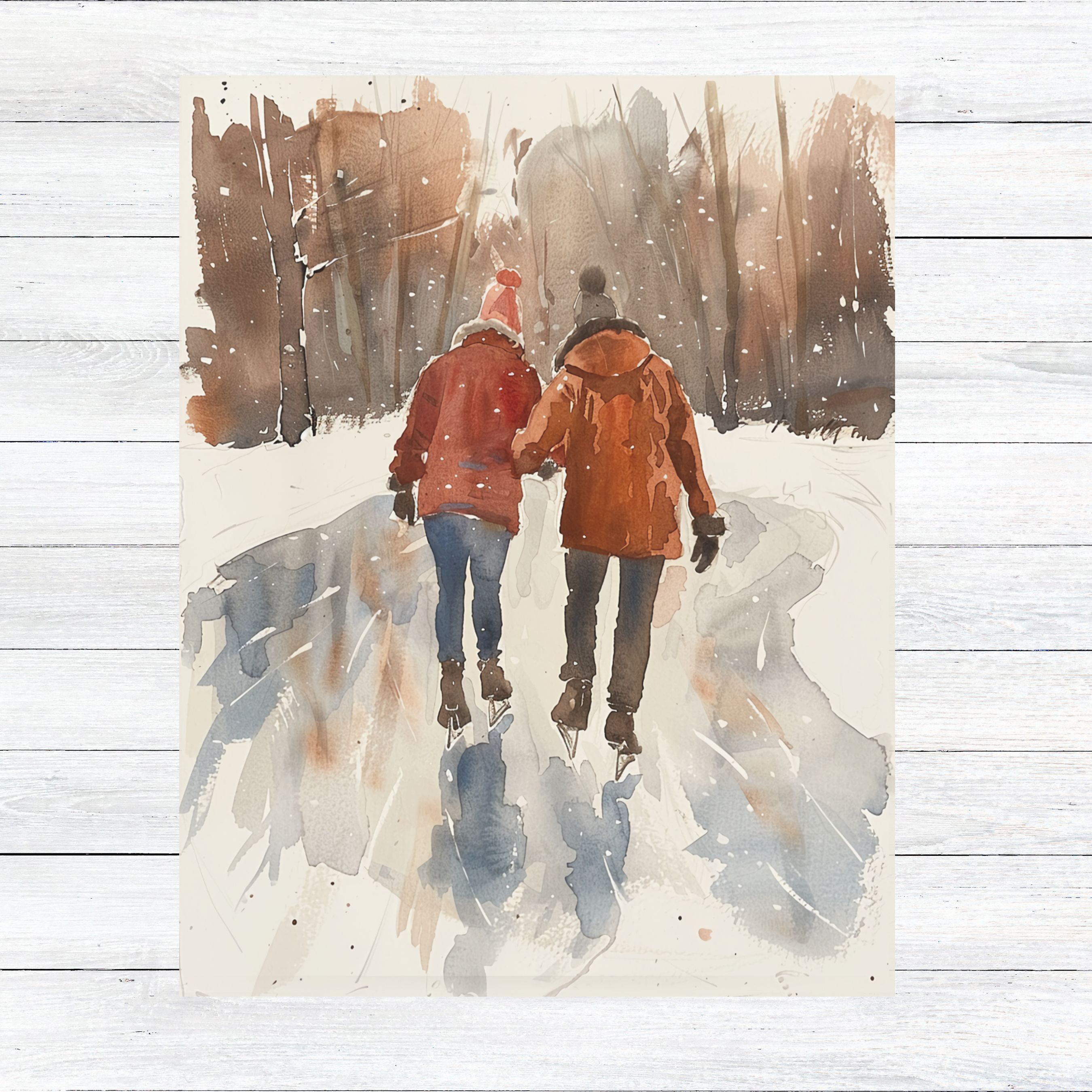 Glacial Dance Romantic Ice Skating, Watercolor Card, Note, Thank You, Birthday Card, Invitations, Anniversary