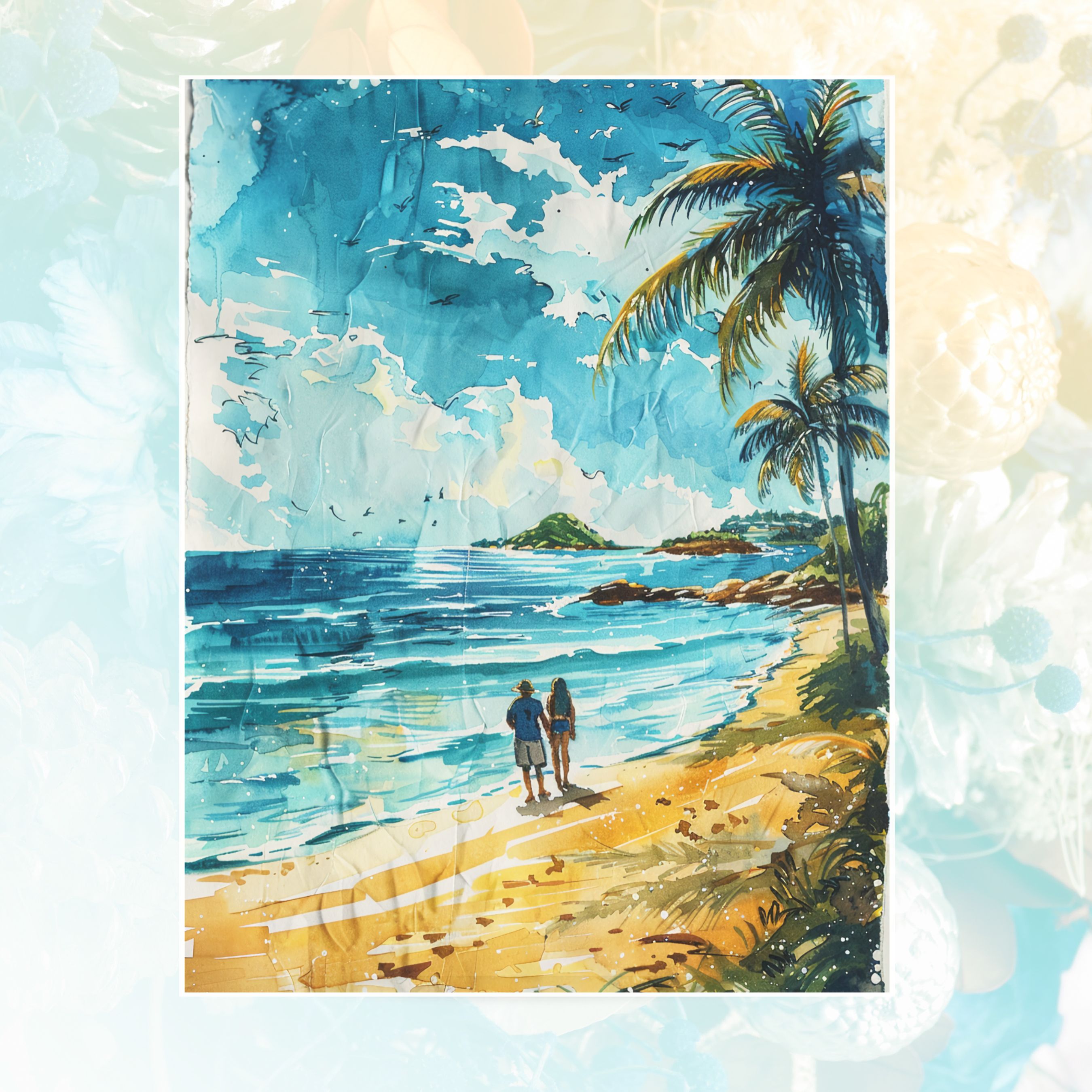 Coastal Connections Tropical Tides Romantic Beach Getaway, Watercolor Card, Note, Thank You, Birthday Card, Invitation, Anniversary