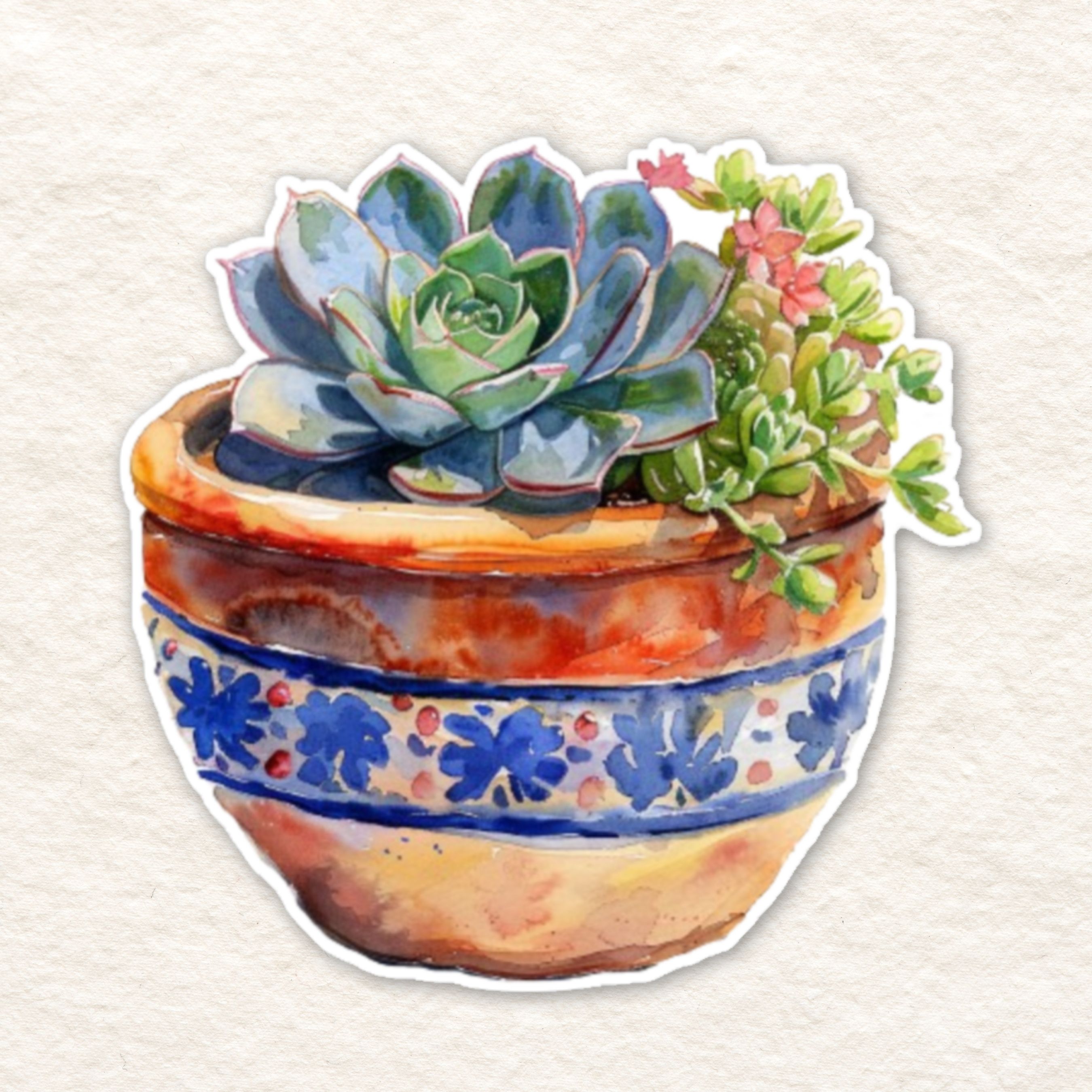 Mexican Pottery Succulent Vinyl Sticker, Watercolor Art, Handmade Stickers
