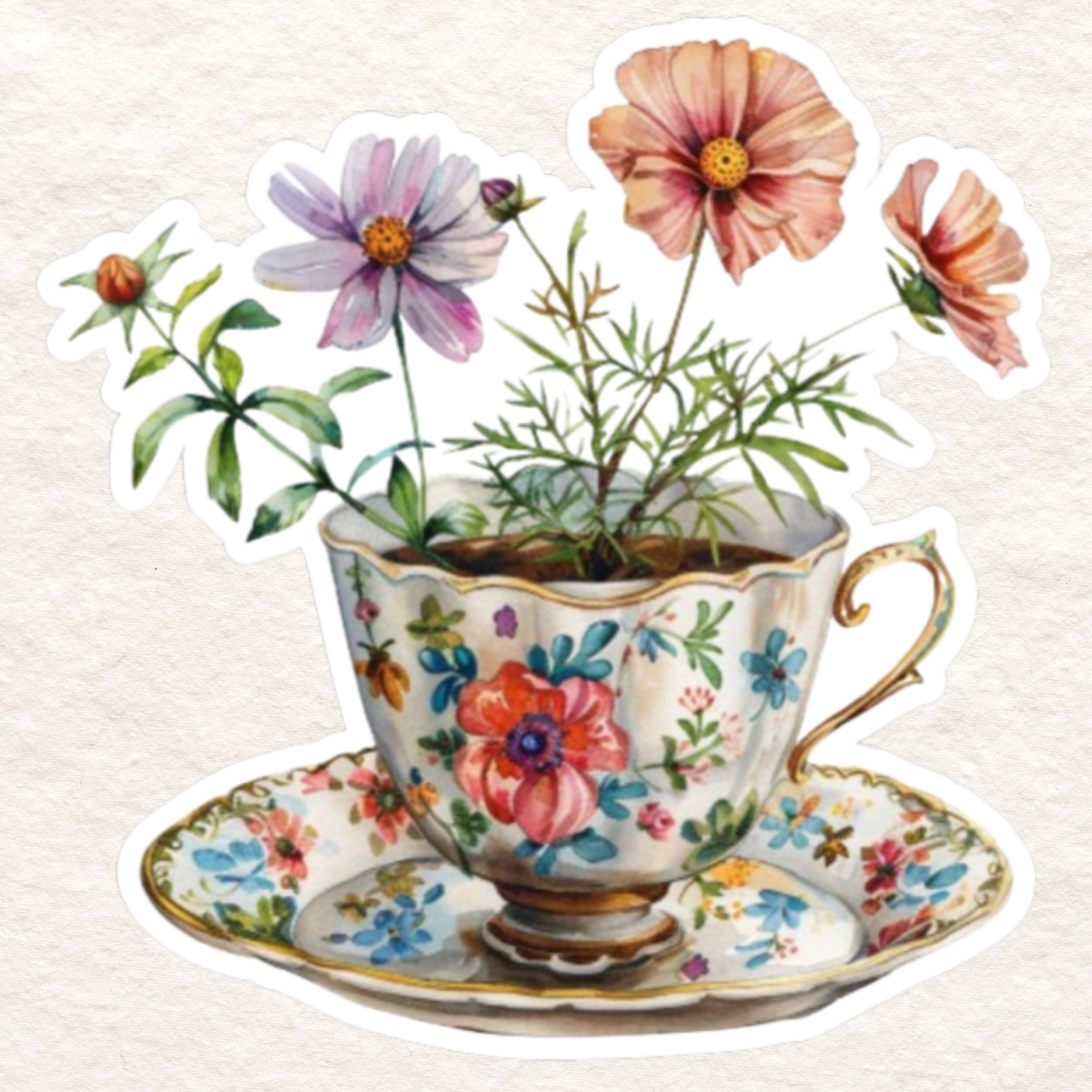 Floral Teacup Vinyl Sticker, Watercolor Art, Weatherproof, Handmade Stickers