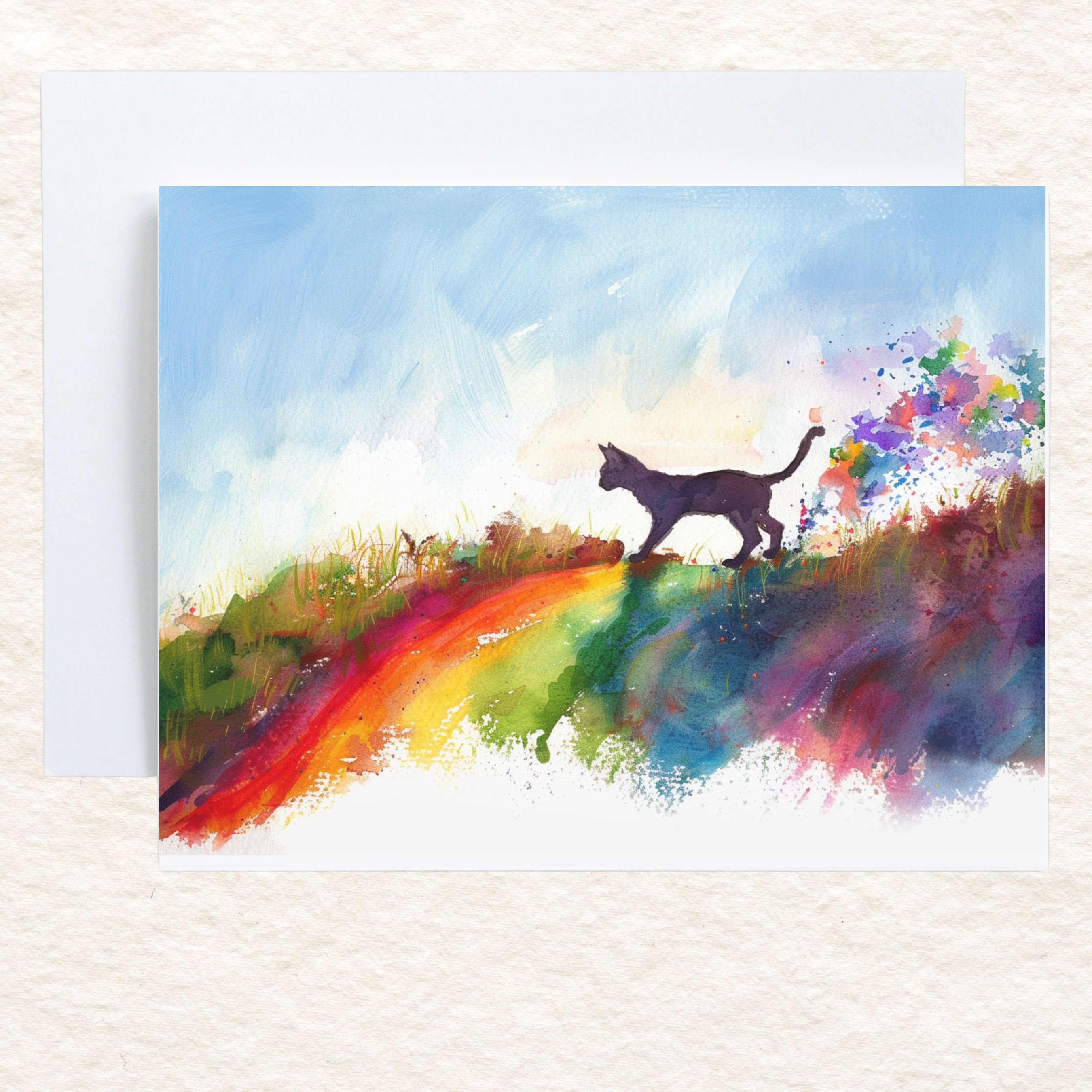 Rainbow Bridge Cat, Pet Loss Sympathy, Comforting Note, Watercolor Greeting Card