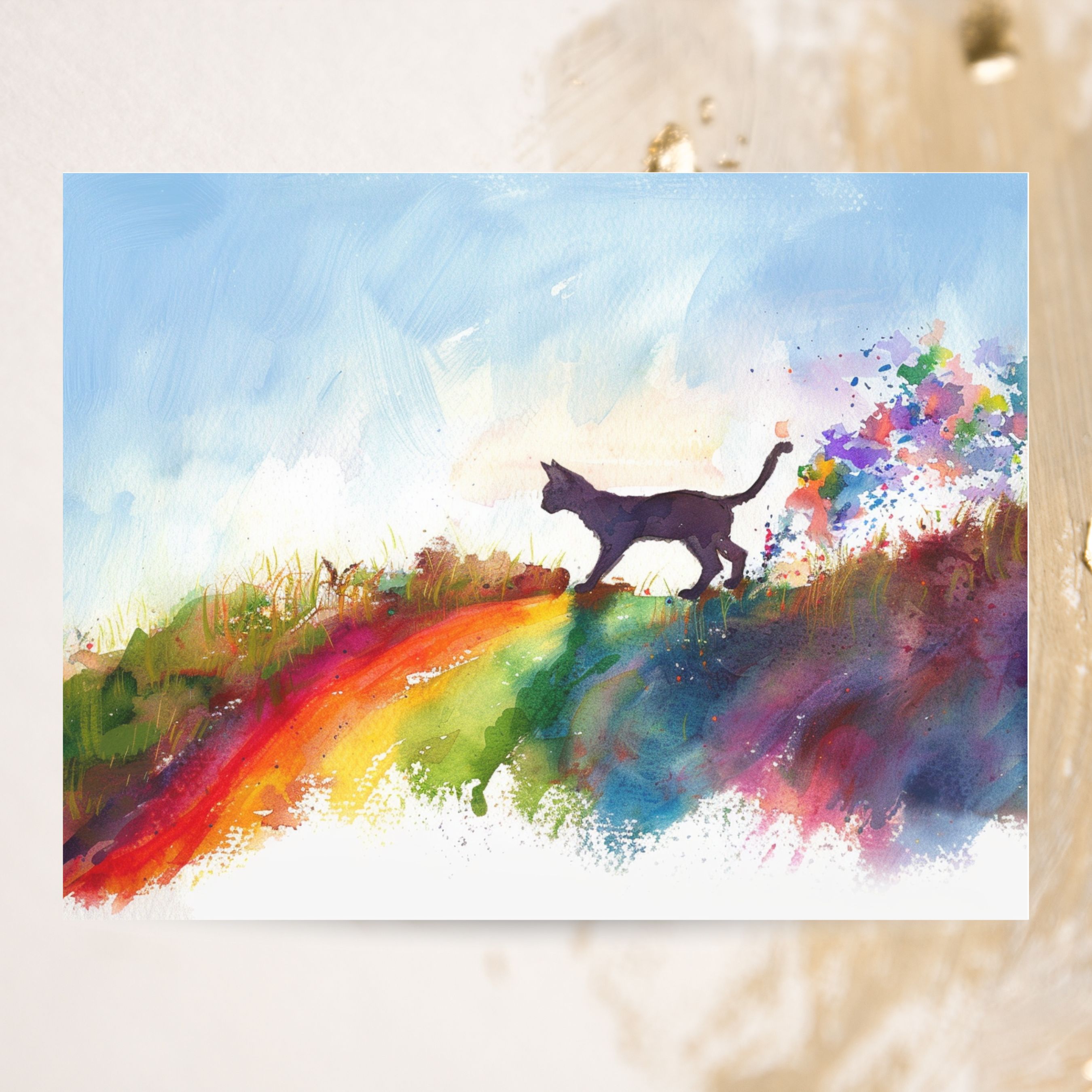 Rainbow Bridge Cat, Pet Loss Sympathy, Comforting Note, Watercolor Greeting Card