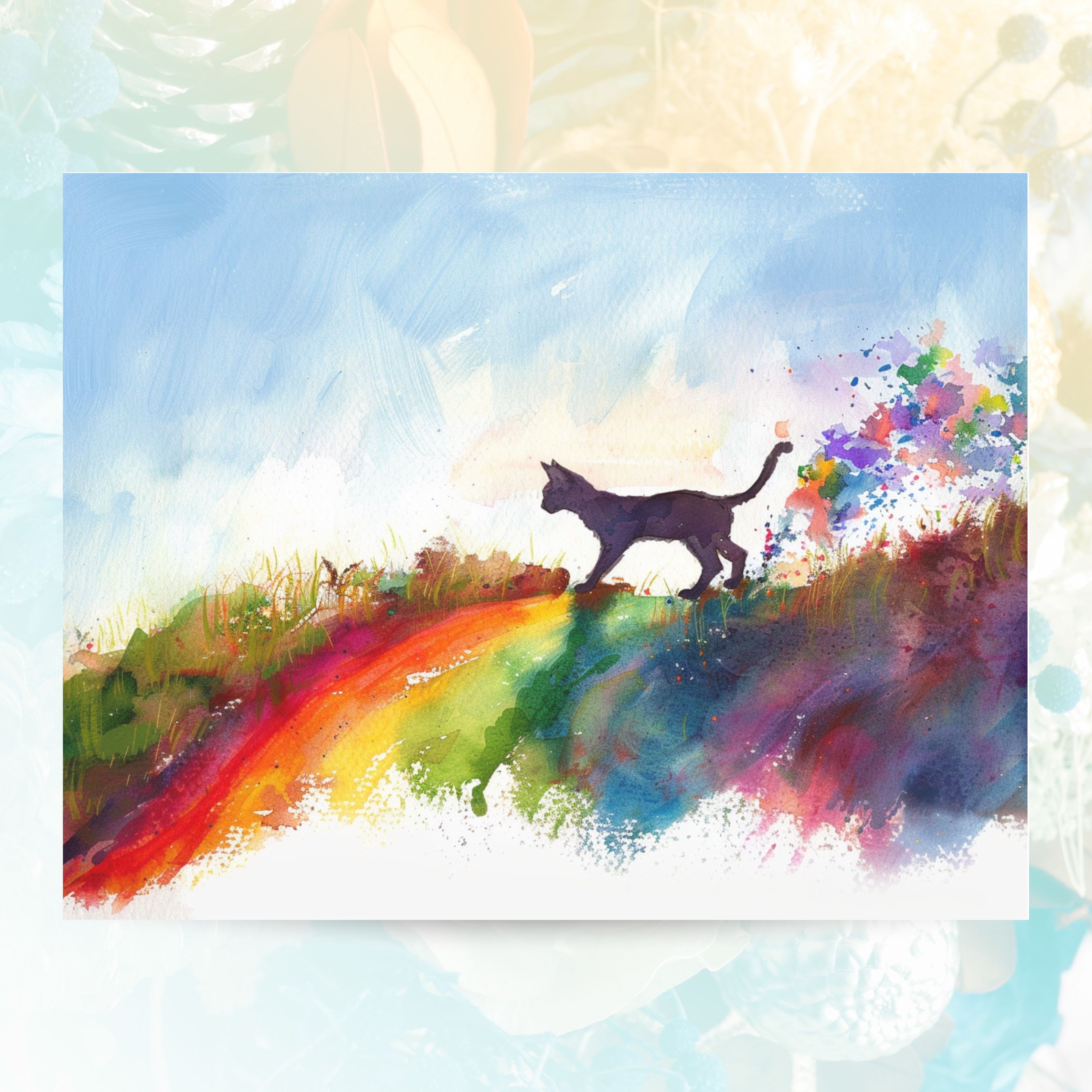 Rainbow Bridge Cat, Pet Loss Sympathy, Comforting Note, Watercolor Greeting Card