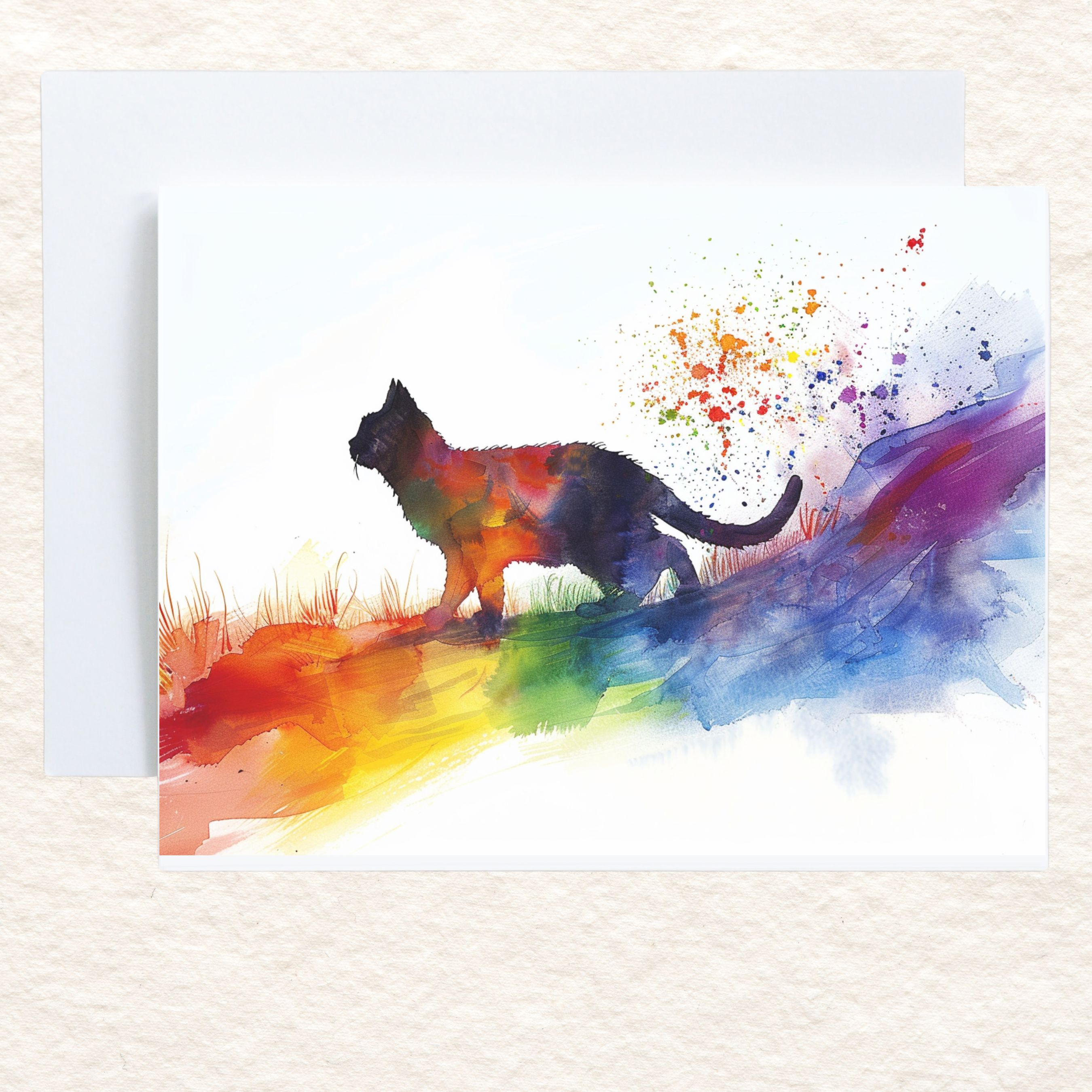 Rainbow Bridge Fluffy Cat, Pet Loss Sympathy, Comforting Note, Watercolor Greeting Card