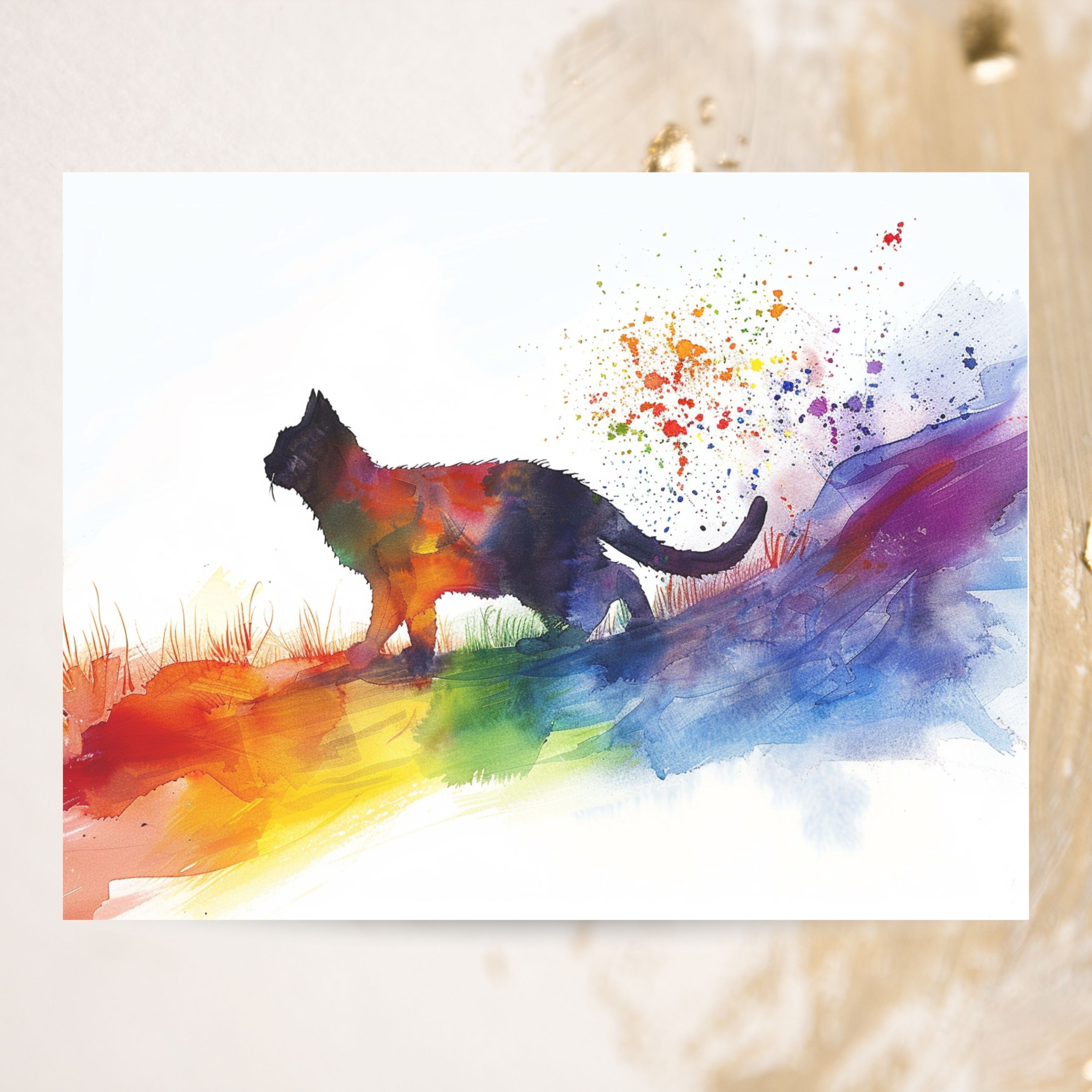 Rainbow Bridge Fluffy Cat, Pet Loss Sympathy, Comforting Note, Watercolor Greeting Card