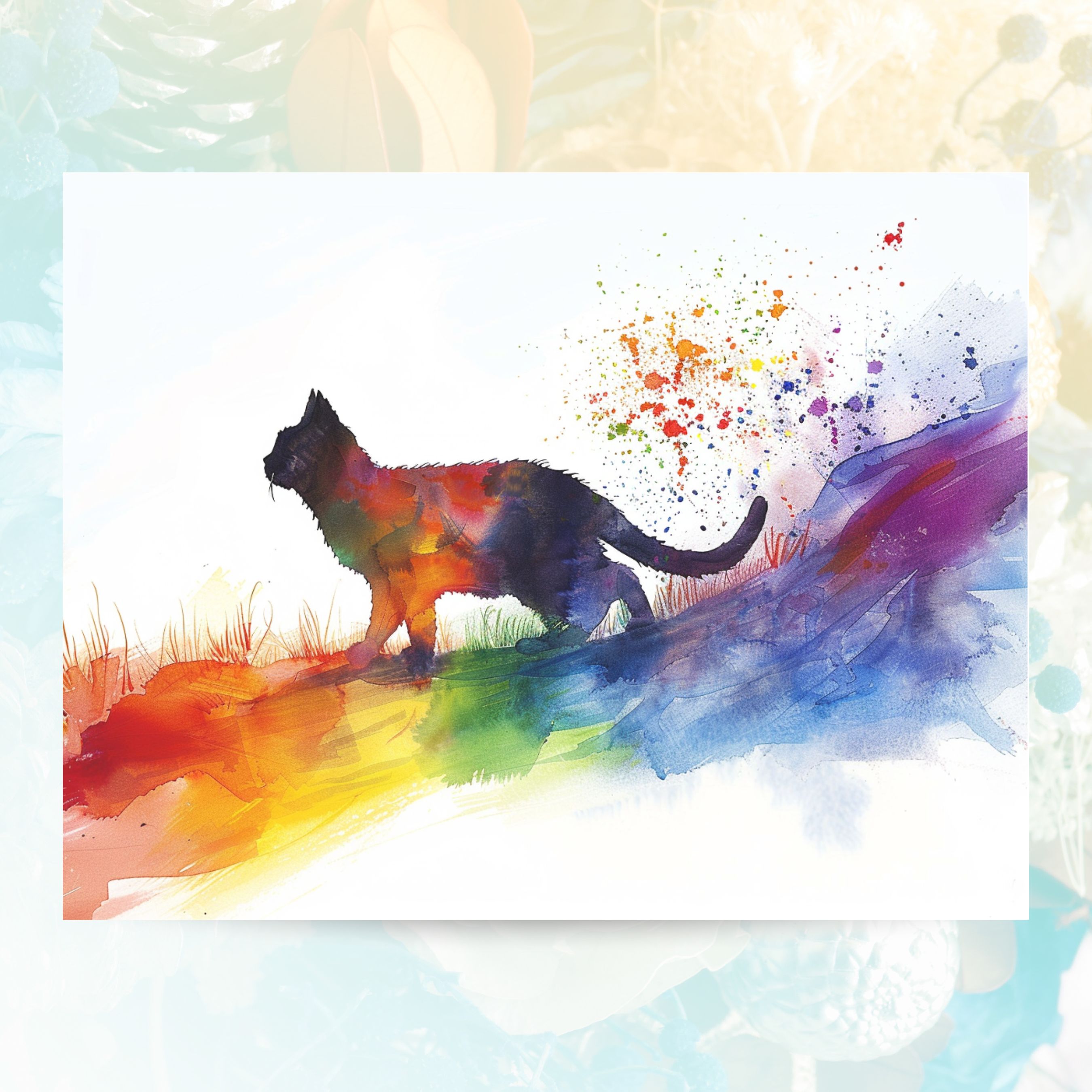 Rainbow Bridge Fluffy Cat, Pet Loss Sympathy, Comforting Note, Watercolor Greeting Card