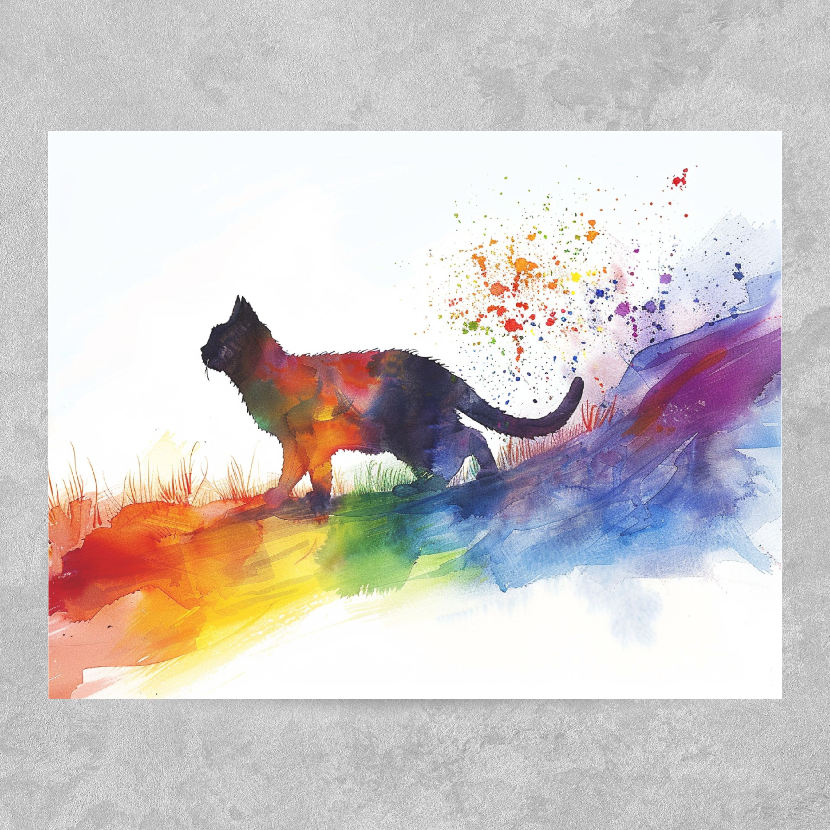 Rainbow Bridge Fluffy Cat, Pet Loss Sympathy, Comforting Note, Watercolor Greeting Card