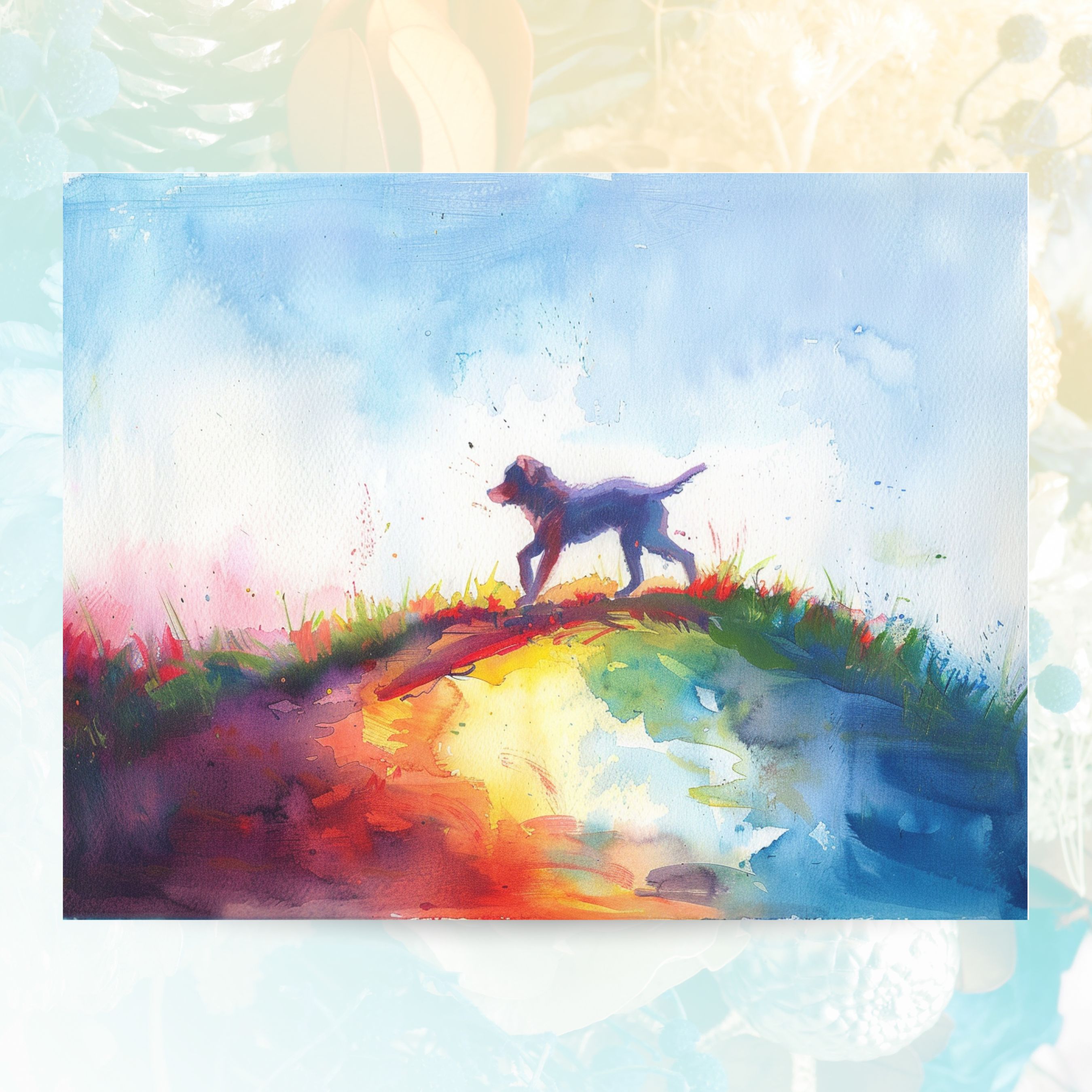 Rainbow Bridge Dog, Pet Loss Sympathy, Comforting Note, Watercolor Greeting Card