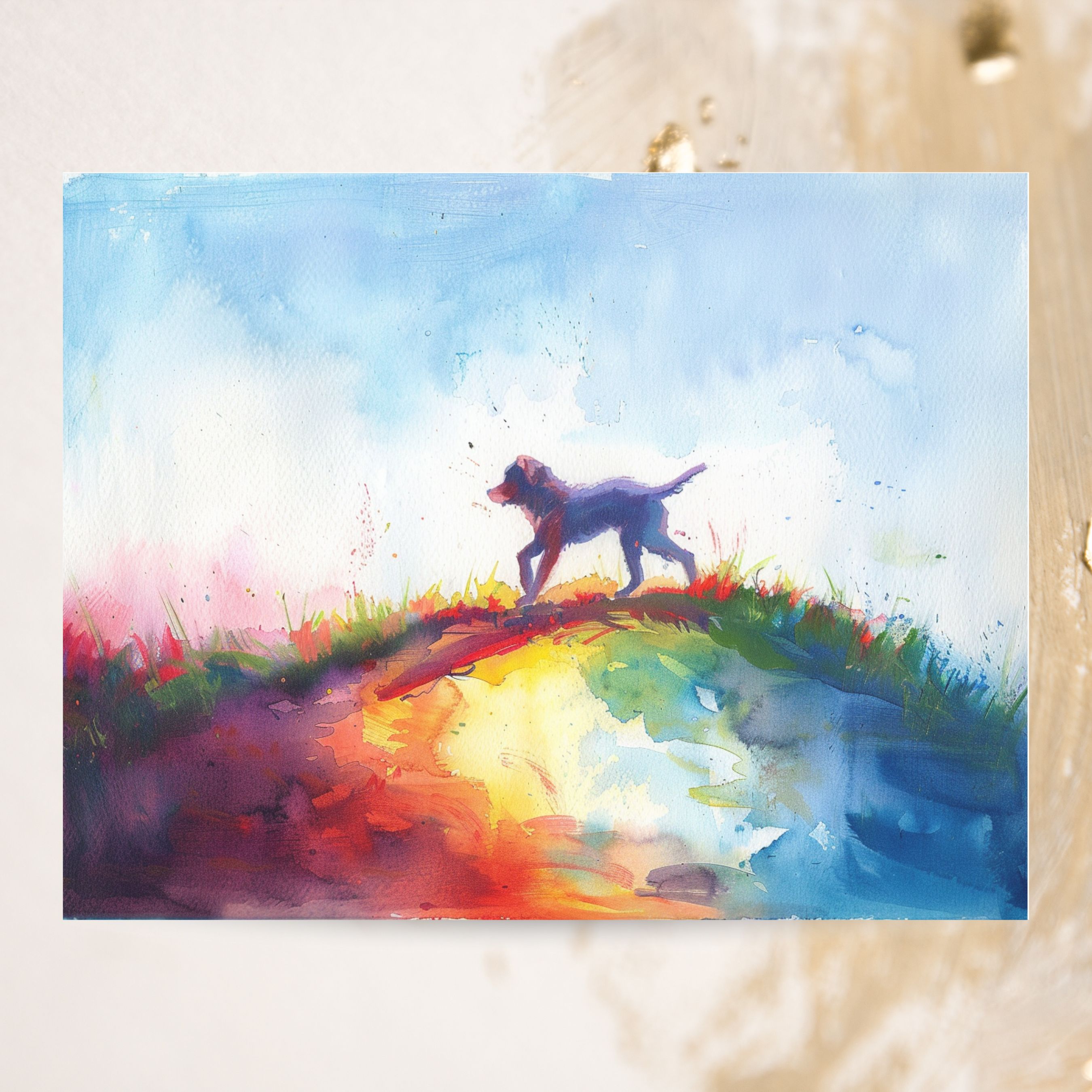 Rainbow Bridge Dog, Pet Loss Sympathy, Comforting Note, Watercolor Greeting Card