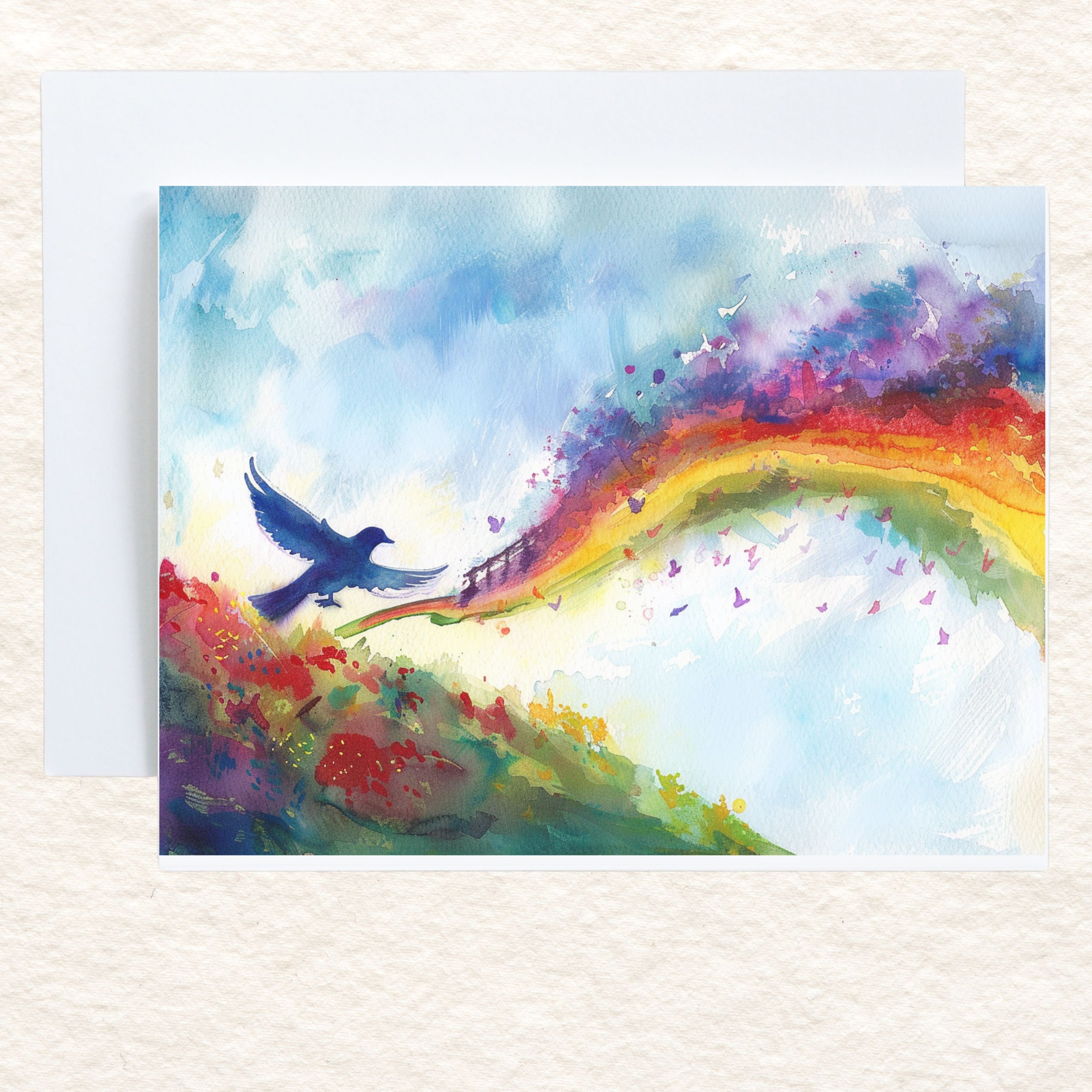 Rainbow Bridge Bird, Pet Loss Sympathy, Comforting Note, Watercolor Greeting Card