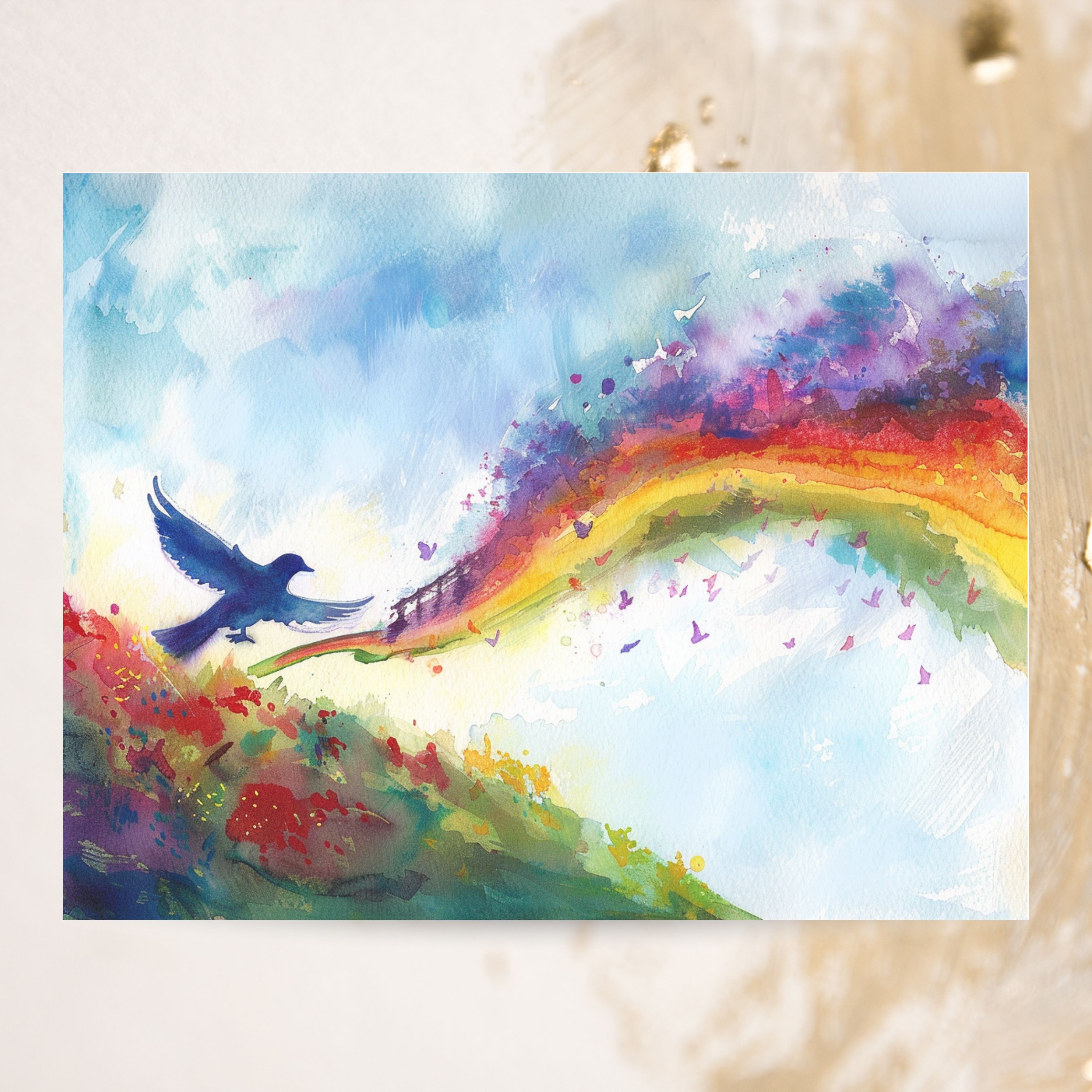 Rainbow Bridge Bird, Pet Loss Sympathy, Comforting Note, Watercolor Greeting Card