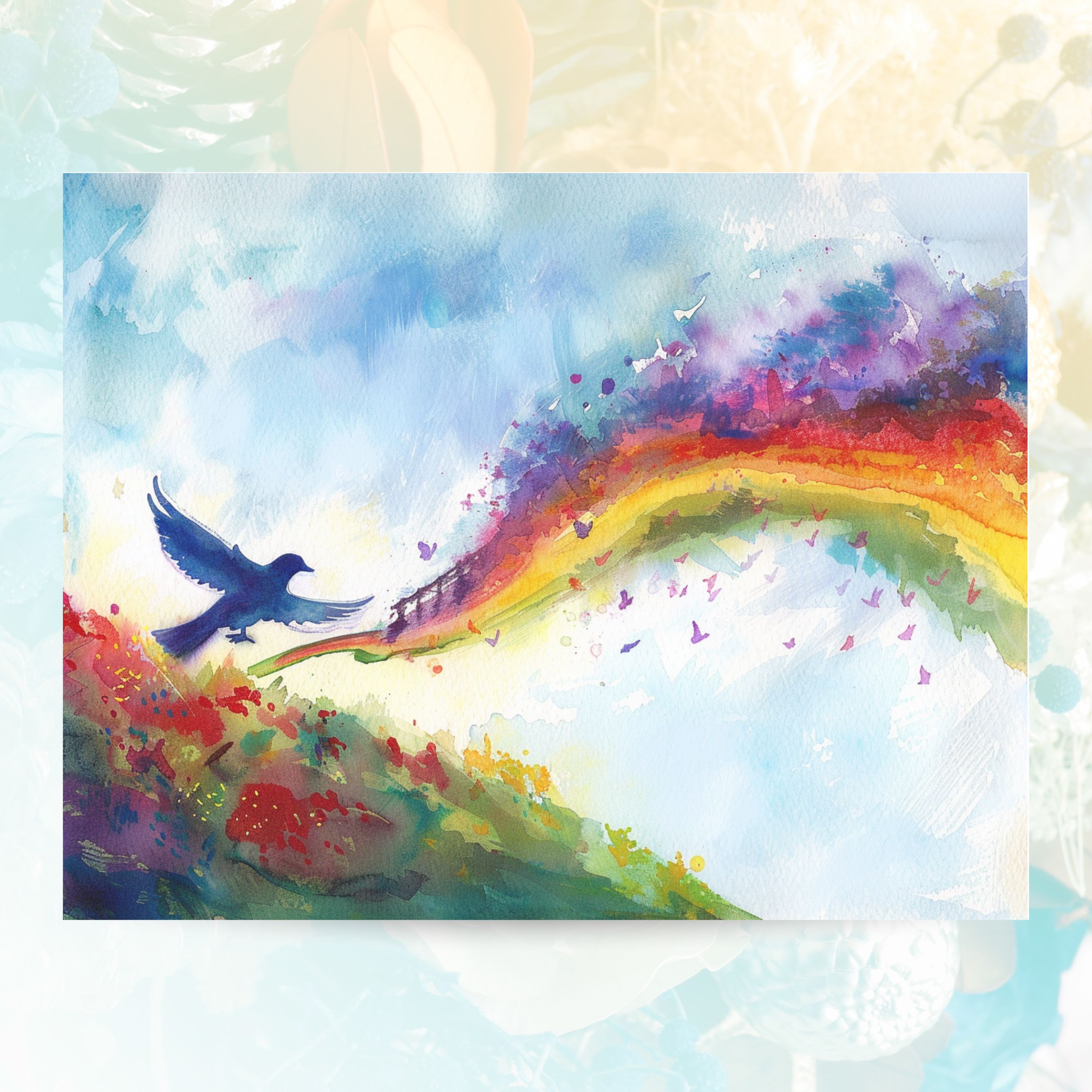 Rainbow Bridge Bird, Pet Loss Sympathy, Comforting Note, Watercolor Greeting Card