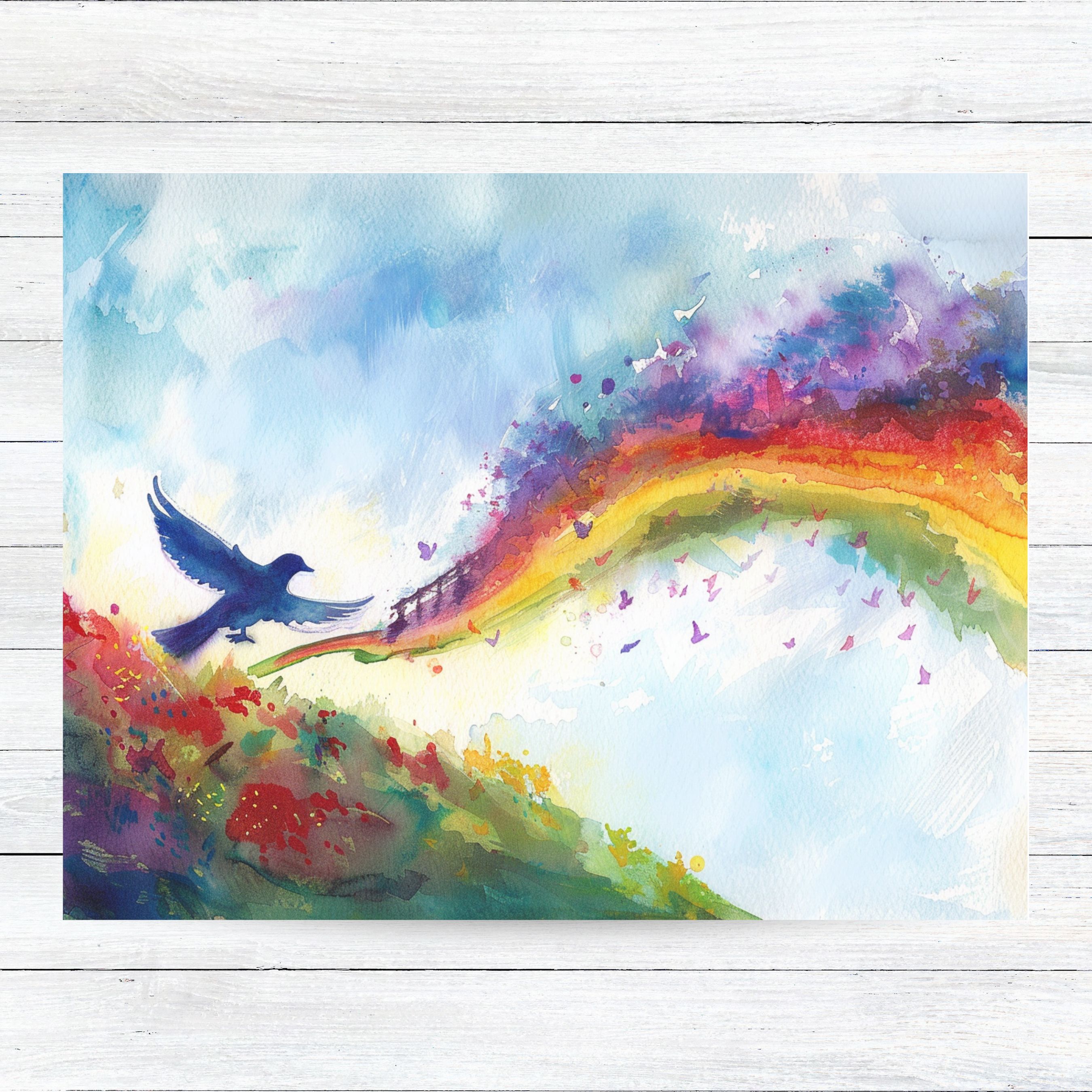 Rainbow Bridge Bird, Pet Loss Sympathy, Comforting Note, Watercolor Greeting Card