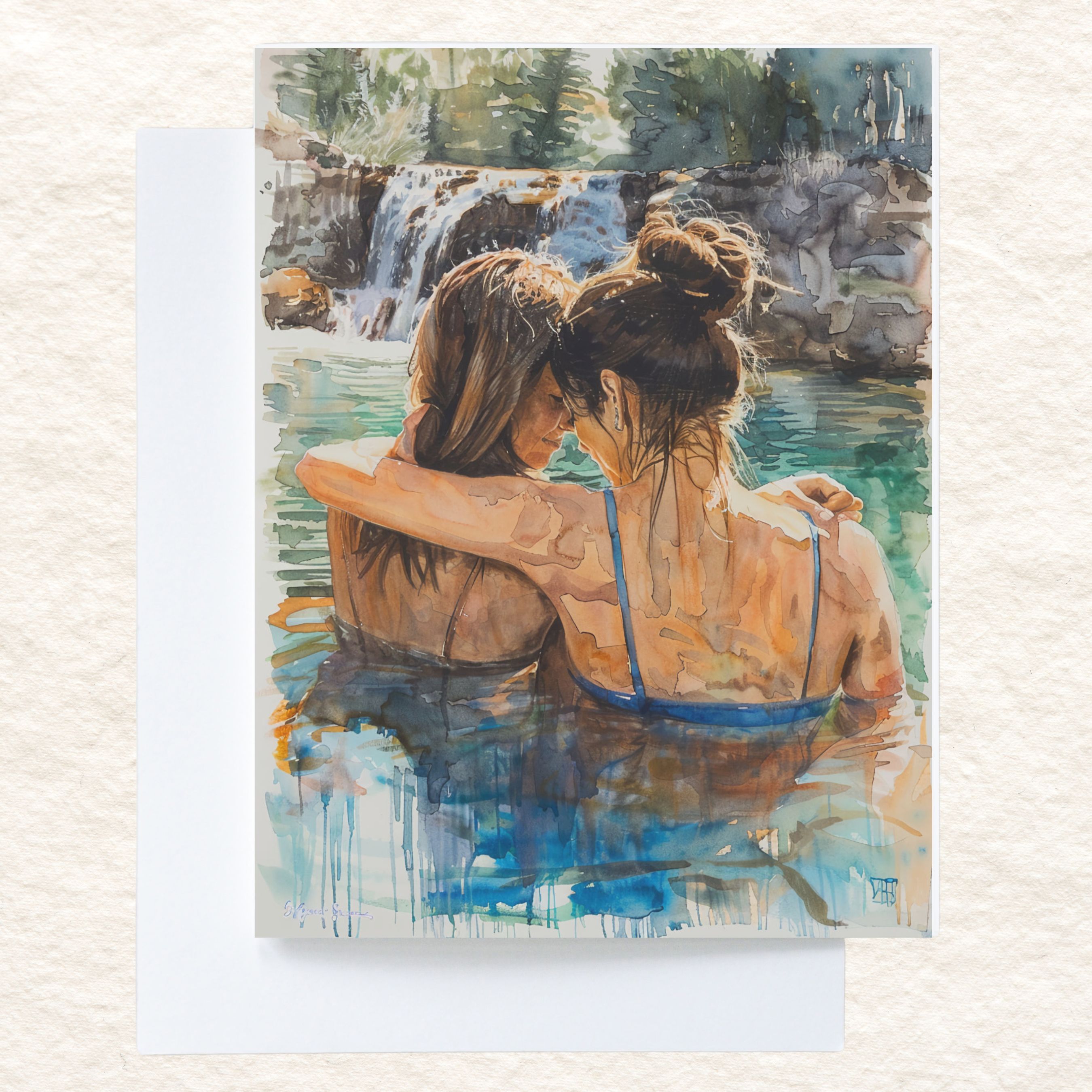 Hot Springs Embrace, Companions in Nature, Romantic Watercolor, Scenic Retreat, Note, Thank You, Birthday, Invitation, Anniversary, Watercolor Greeting Card