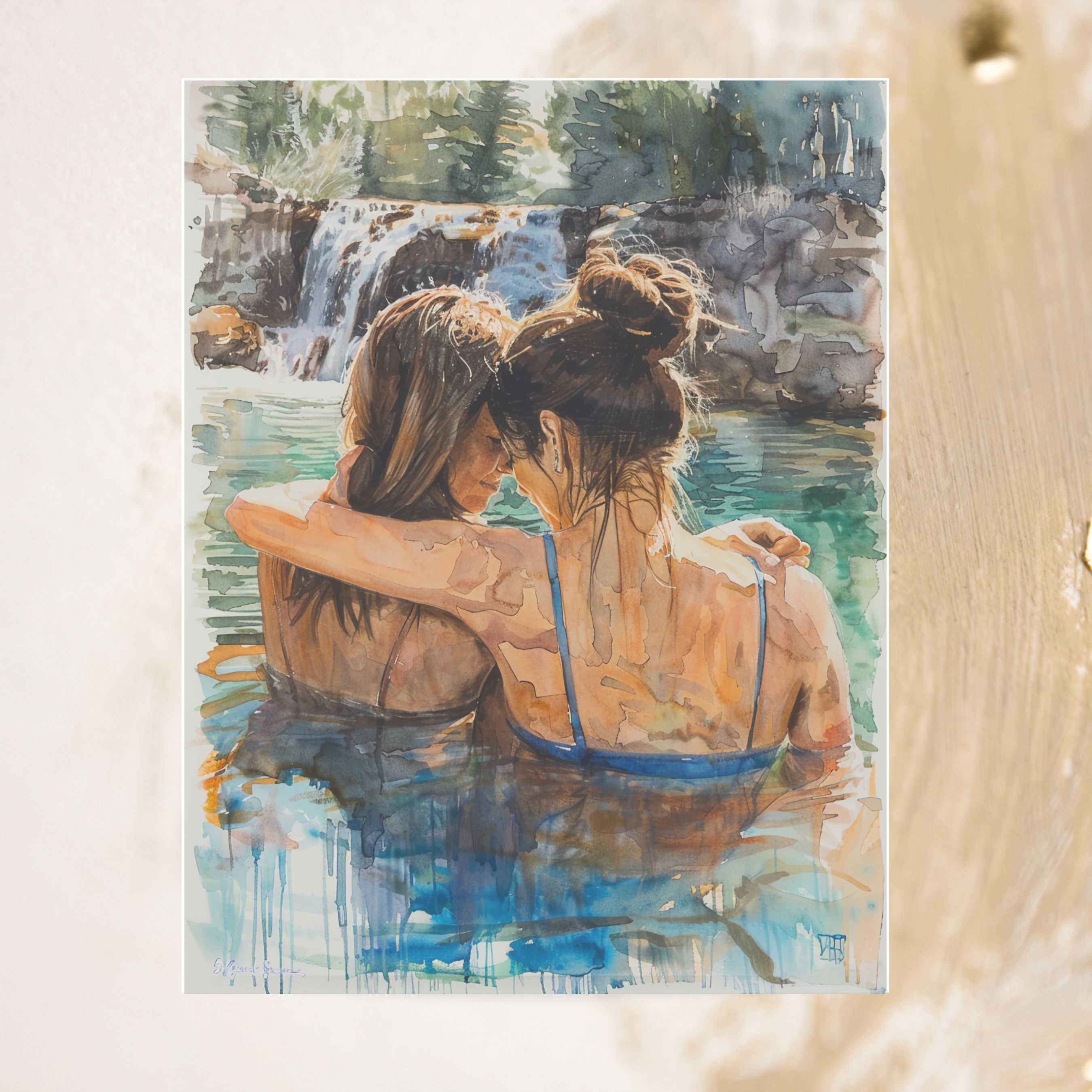 Hot Springs Embrace, Companions in Nature, Romantic Watercolor, Scenic Retreat, Note, Thank You, Birthday, Invitation, Anniversary, Watercolor Greeting Card