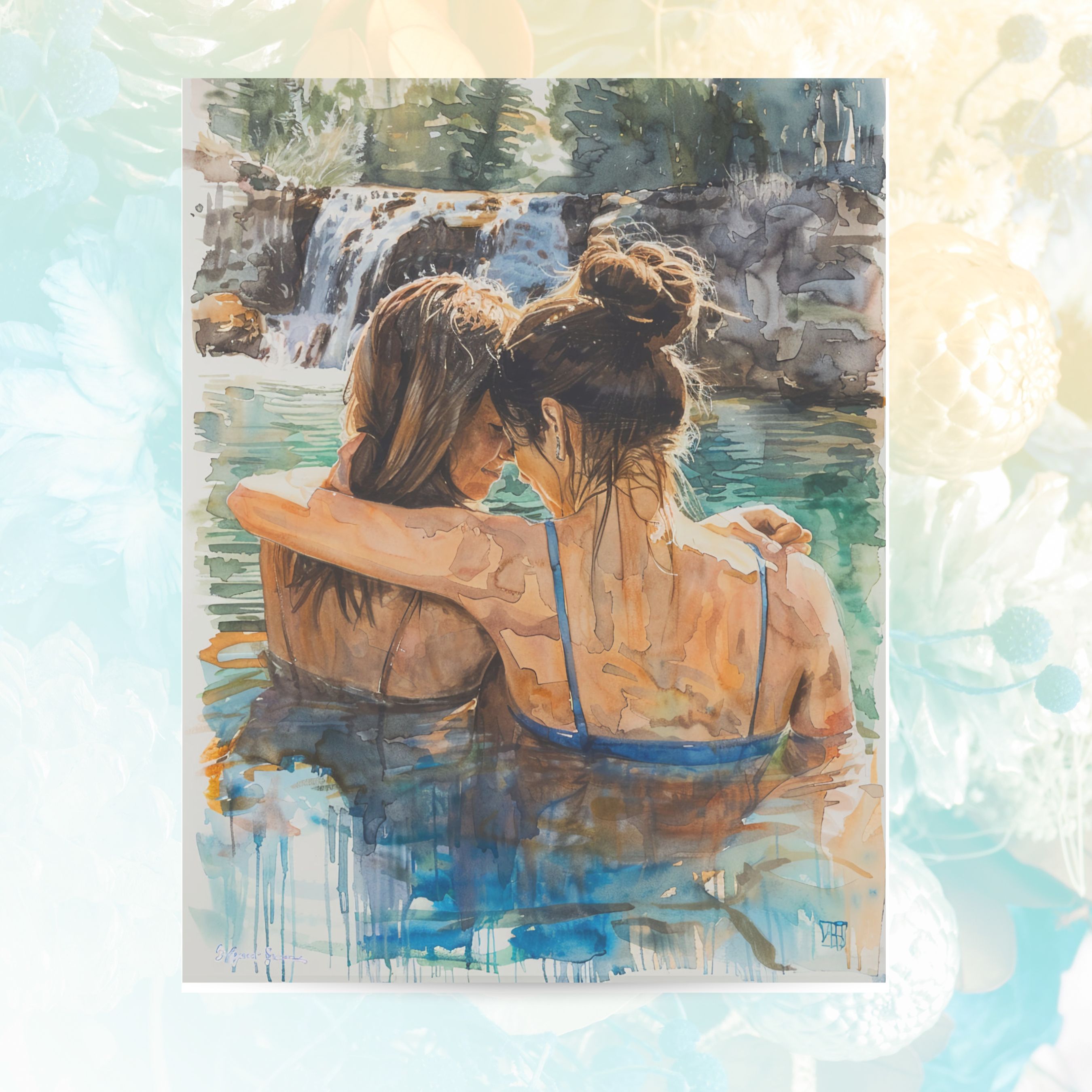 Hot Springs Embrace, Companions in Nature, Romantic Watercolor, Scenic Retreat, Note, Thank You, Birthday, Invitation, Anniversary, Watercolor Greeting Card