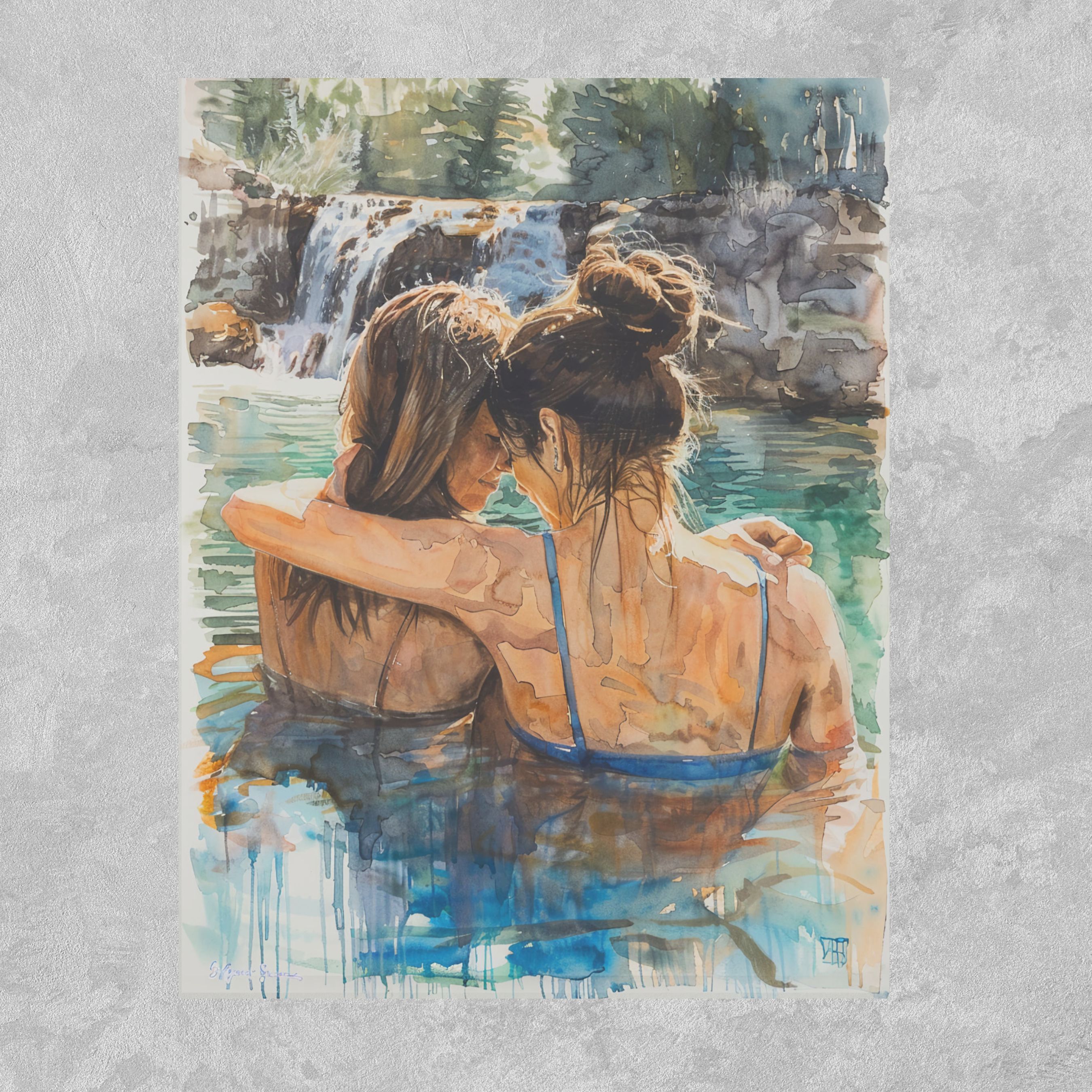 Hot Springs Embrace, Companions in Nature, Romantic Watercolor, Scenic Retreat, Note, Thank You, Birthday, Invitation, Anniversary, Watercolor Greeting Card