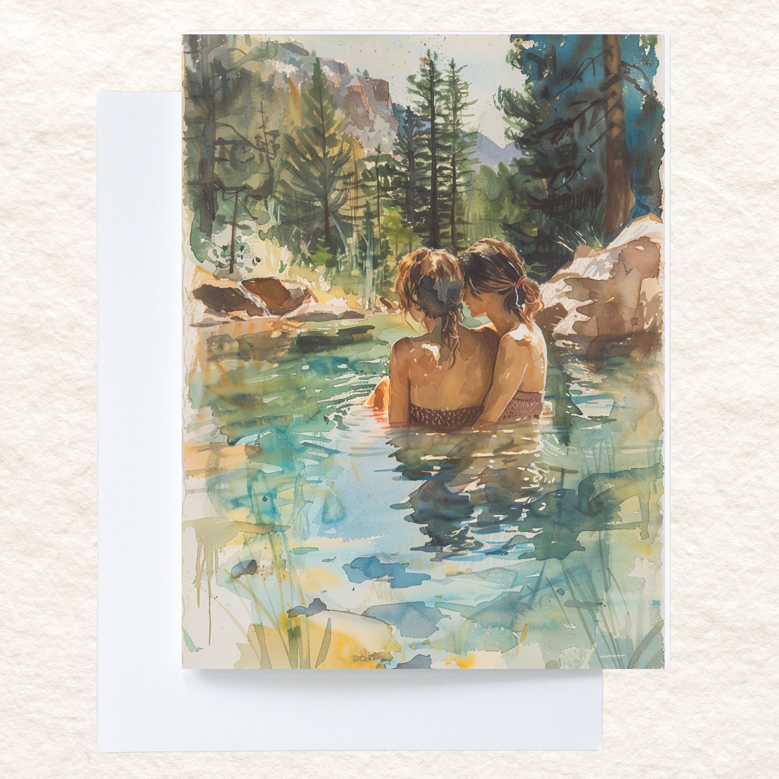 Serene Hot Springs, Partners in Nature, Peaceful Watercolor, Mountain Retreat, Note, Thank You, Birthday, Invitation, Anniversary, Watercolor Greeting Card