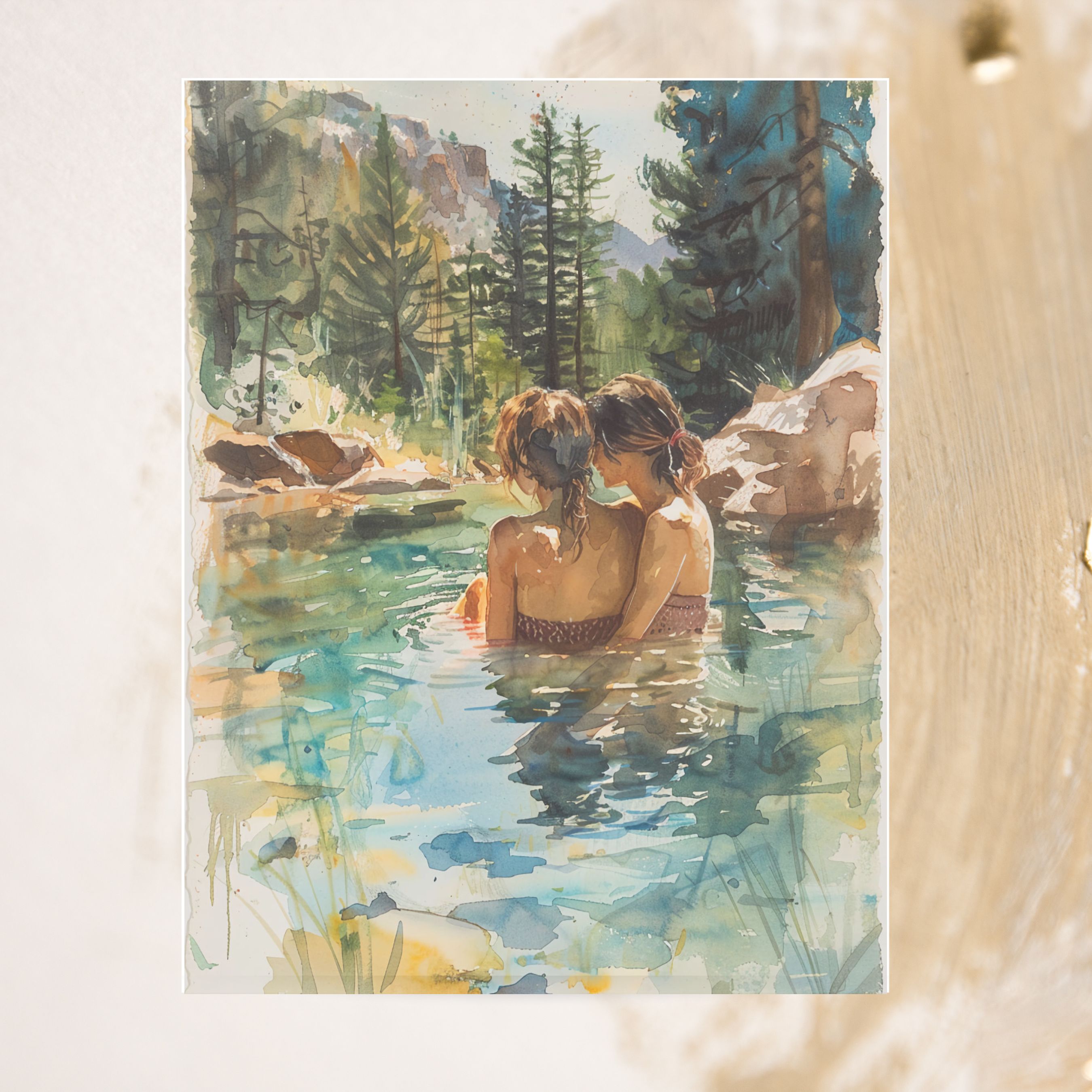 Serene Hot Springs, Partners in Nature, Peaceful Watercolor, Mountain Retreat, Note, Thank You, Birthday, Invitation, Anniversary, Watercolor Greeting Card