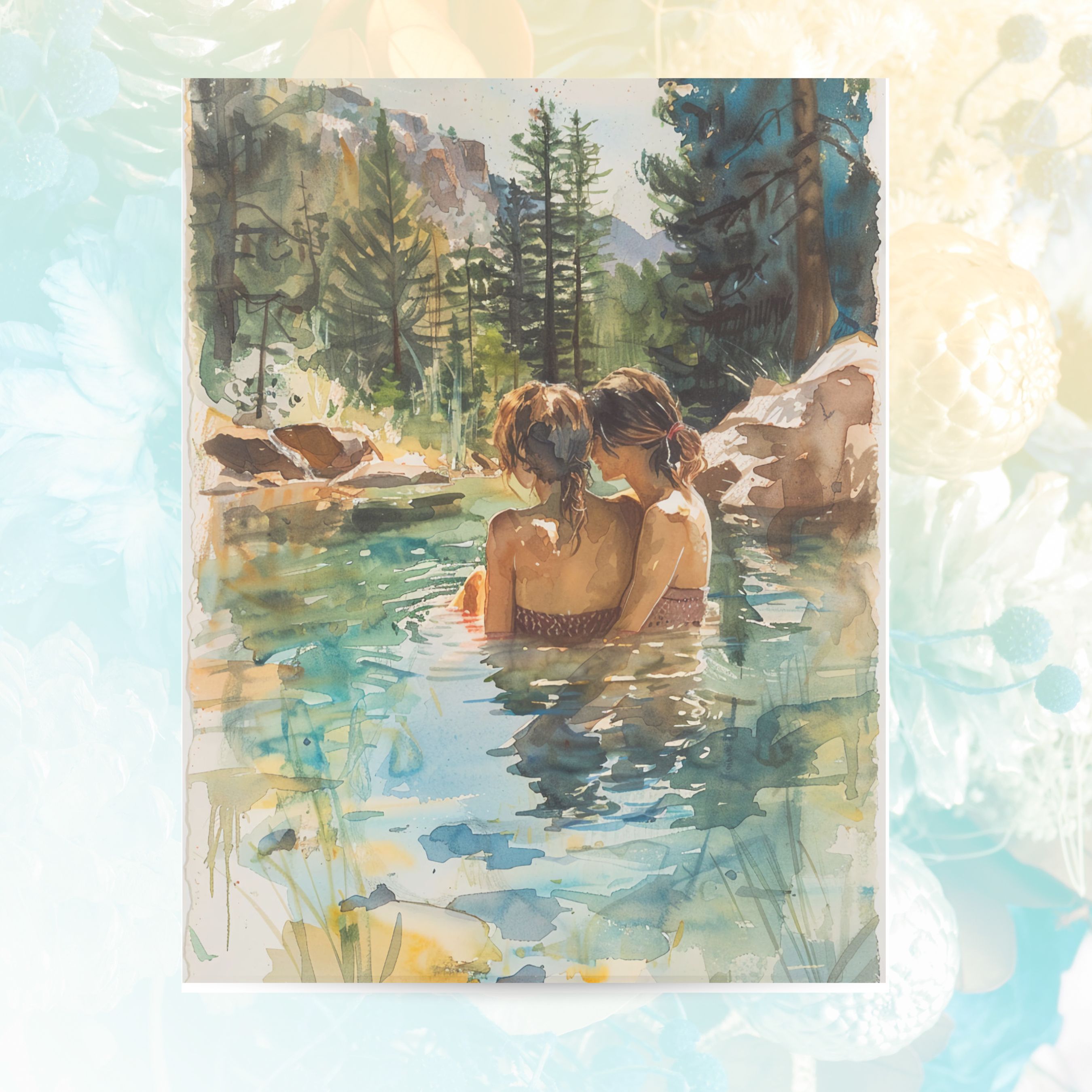 Serene Hot Springs, Partners in Nature, Peaceful Watercolor, Mountain Retreat, Note, Thank You, Birthday, Invitation, Anniversary, Watercolor Greeting Card