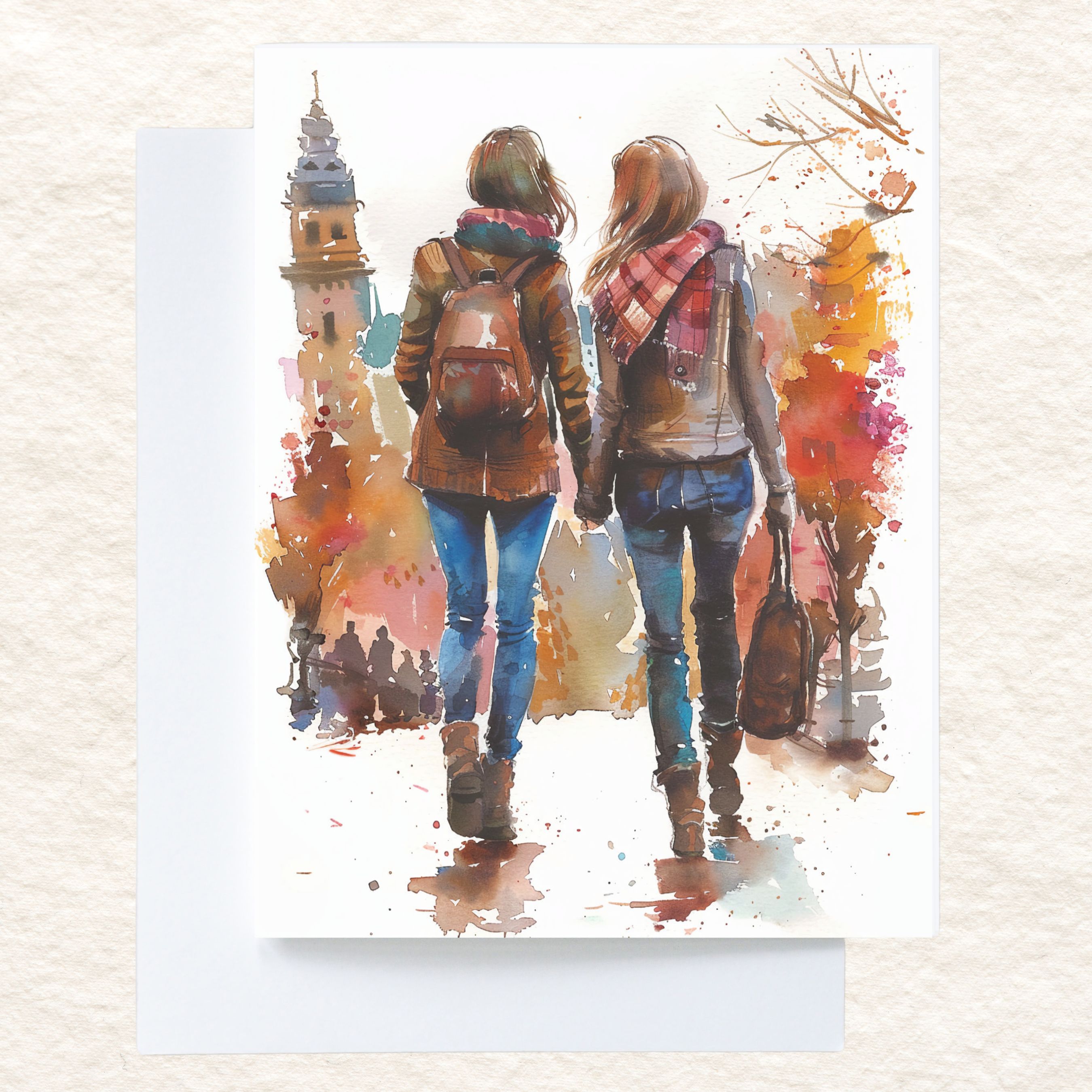 Autumn Stroll, Partners in the City, Cozy Watercolor, Urban Adventure, Note, Thank You, Birthday, Invitation, Anniversary, Watercolor Greeting Card